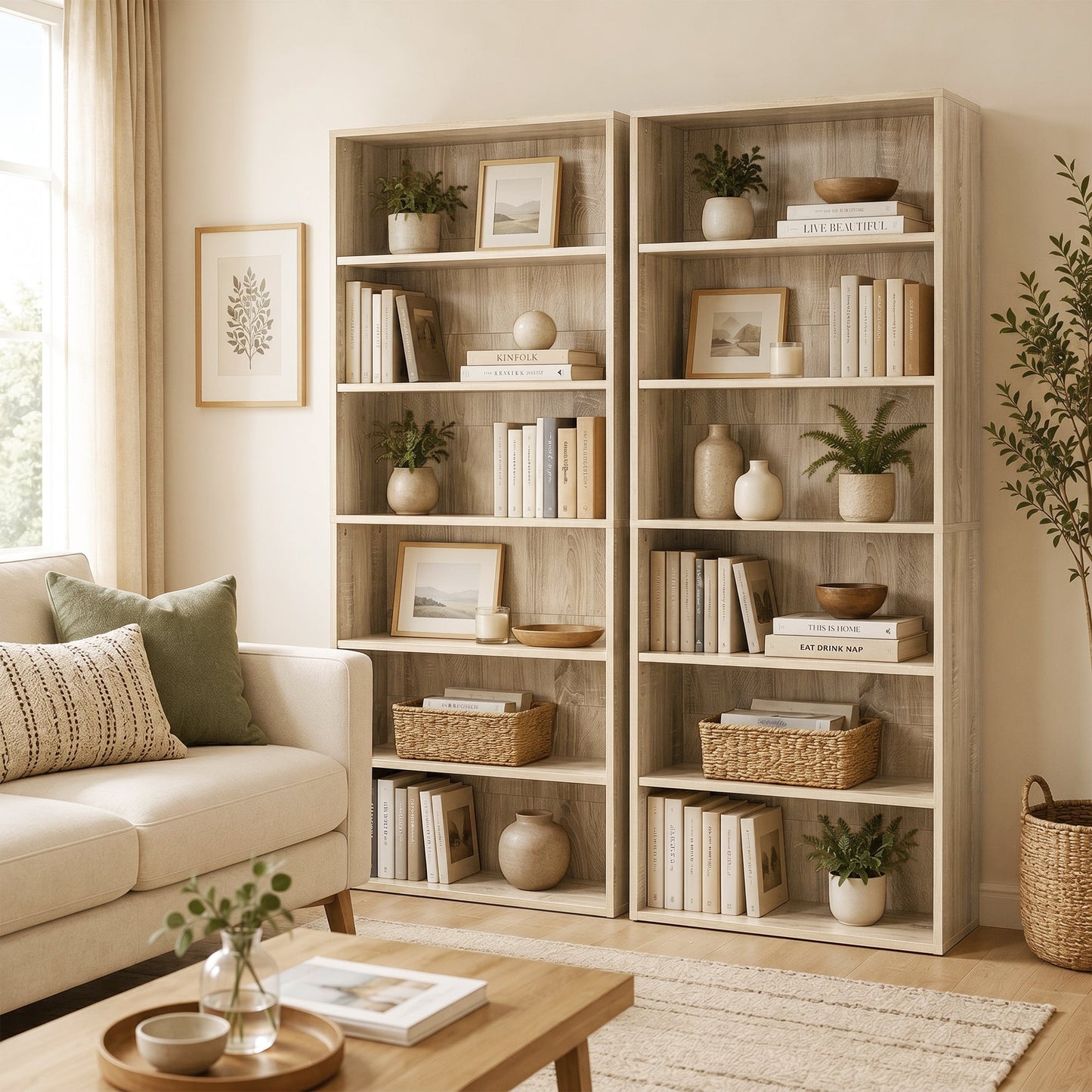 6 Tier Bookshelf, Freestanding Bookcase with Adjustable Shelves, Display Storage Unit for Living Room, Bedroom, Study, 60 x 24 x 158.5 cm, Oak Wood Effect