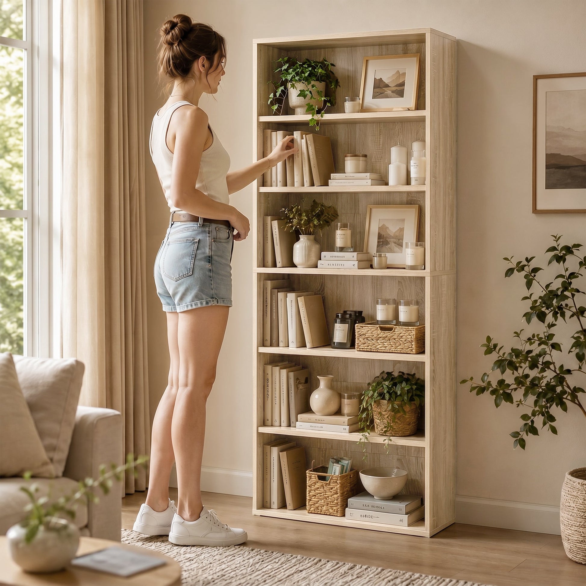 6 Tier Bookshelf, Freestanding Bookcase with Adjustable Shelves, Display Storage Unit for Living Room, Bedroom, Study, 60 x 24 x 158.5 cm, Oak Wood Effect
