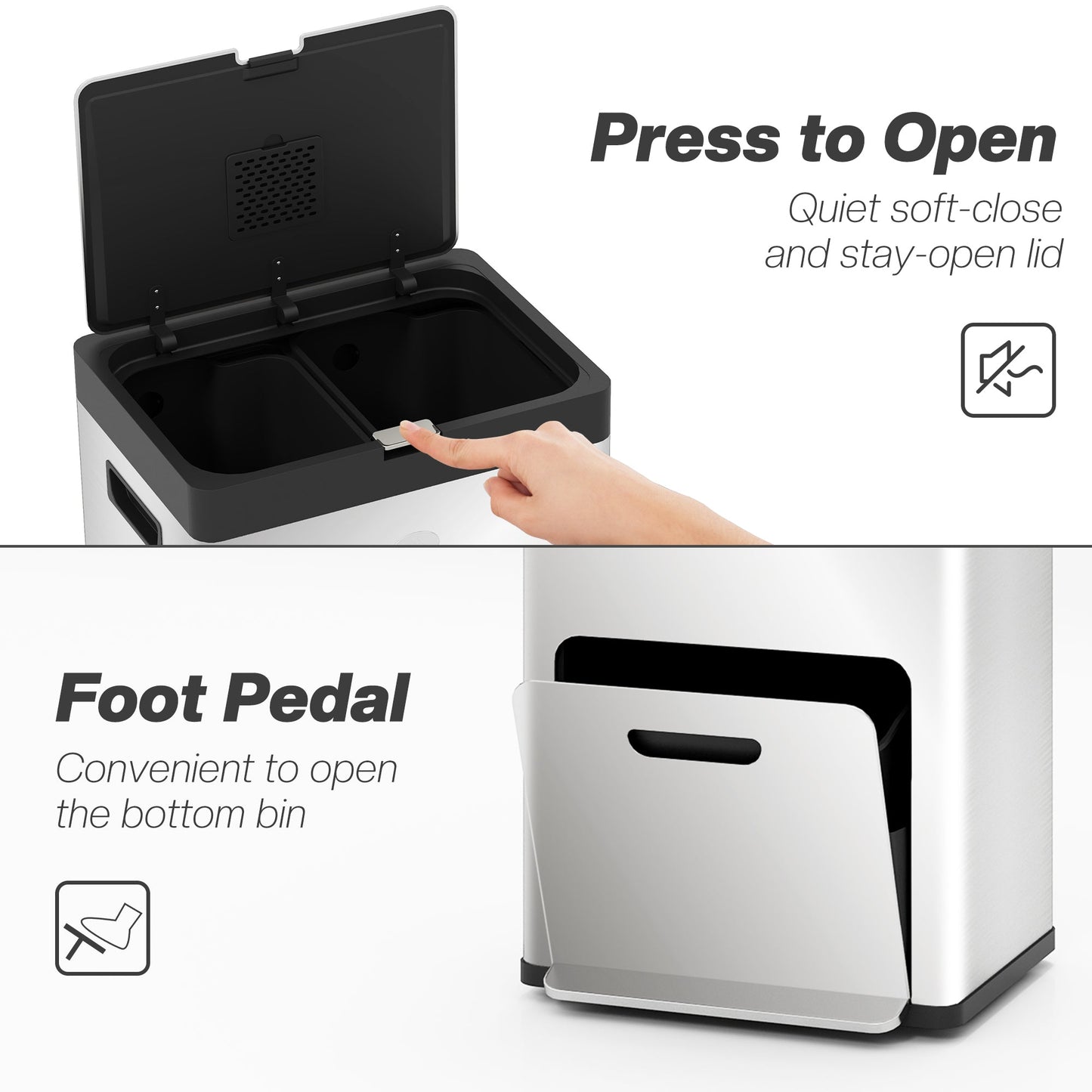 HOMCOM 56L Kitchen Bin, Stainless Steel 3 Compartment Bin with Wheels, Soft Close Lid, Removable Inner Buckets, Fingerprint-Proof for Recycling and Waste, Silver