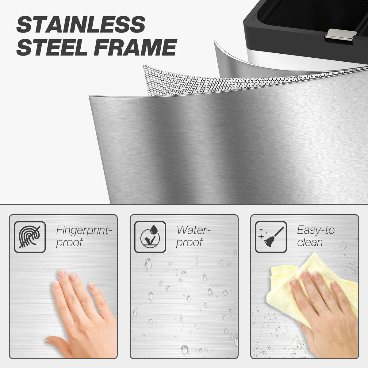 HOMCOM 56L Kitchen Bin, Stainless Steel 3 Compartment Bin with Wheels, Soft Close Lid, Removable Inner Buckets, Fingerprint-Proof for Recycling and Waste, Silver