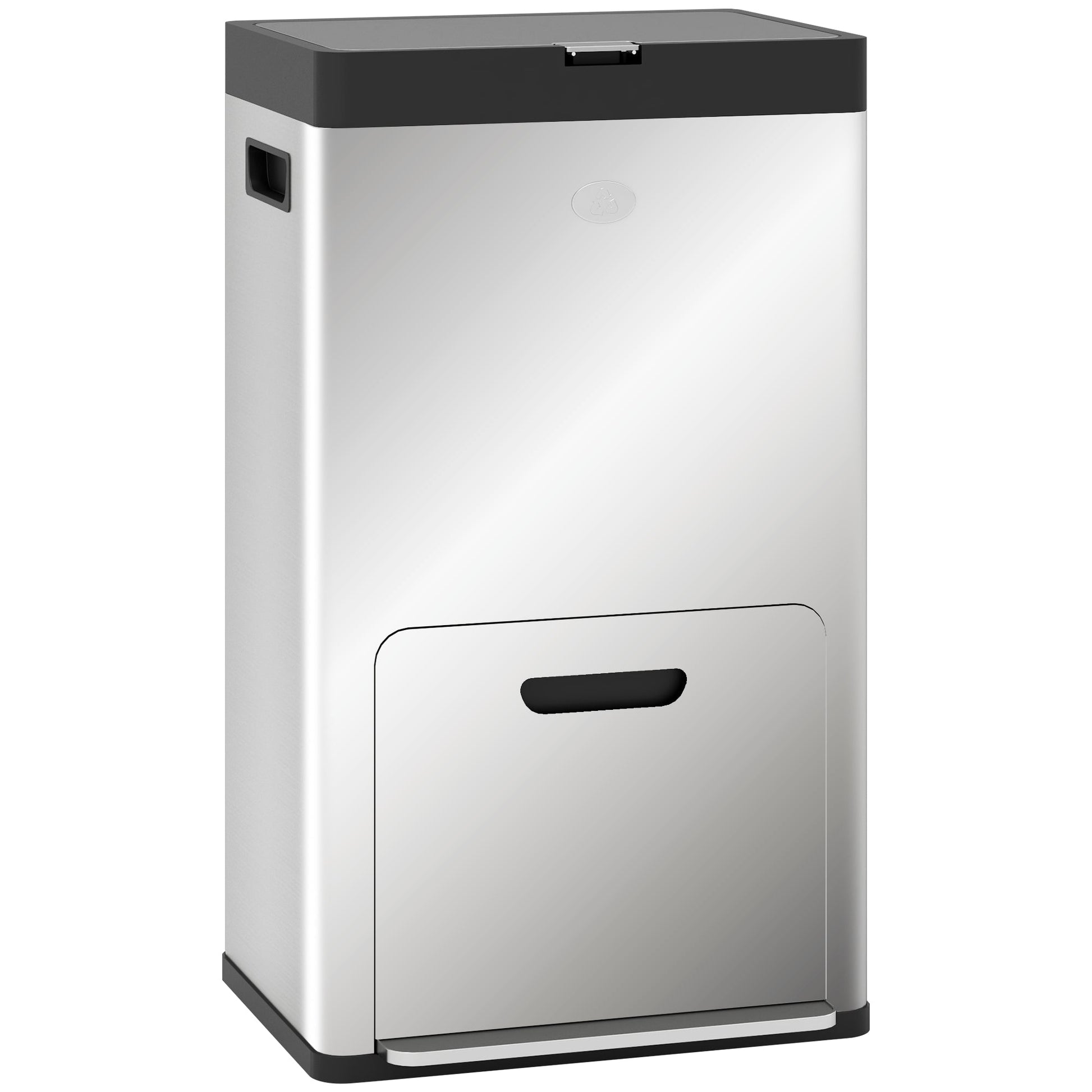 HOMCOM 56L Kitchen Bin, Stainless Steel 3 Compartment Bin with Wheels, Soft Close Lid, Removable Inner Buckets, Fingerprint-Proof for Recycling and Waste, Silver