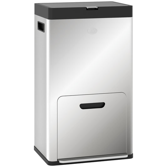 HOMCOM 56L Kitchen Bin, Stainless Steel 3 Compartment Bin with Wheels, Soft Close Lid, Removable Inner Buckets, Fingerprint-Proof for Recycling and Waste, Silver