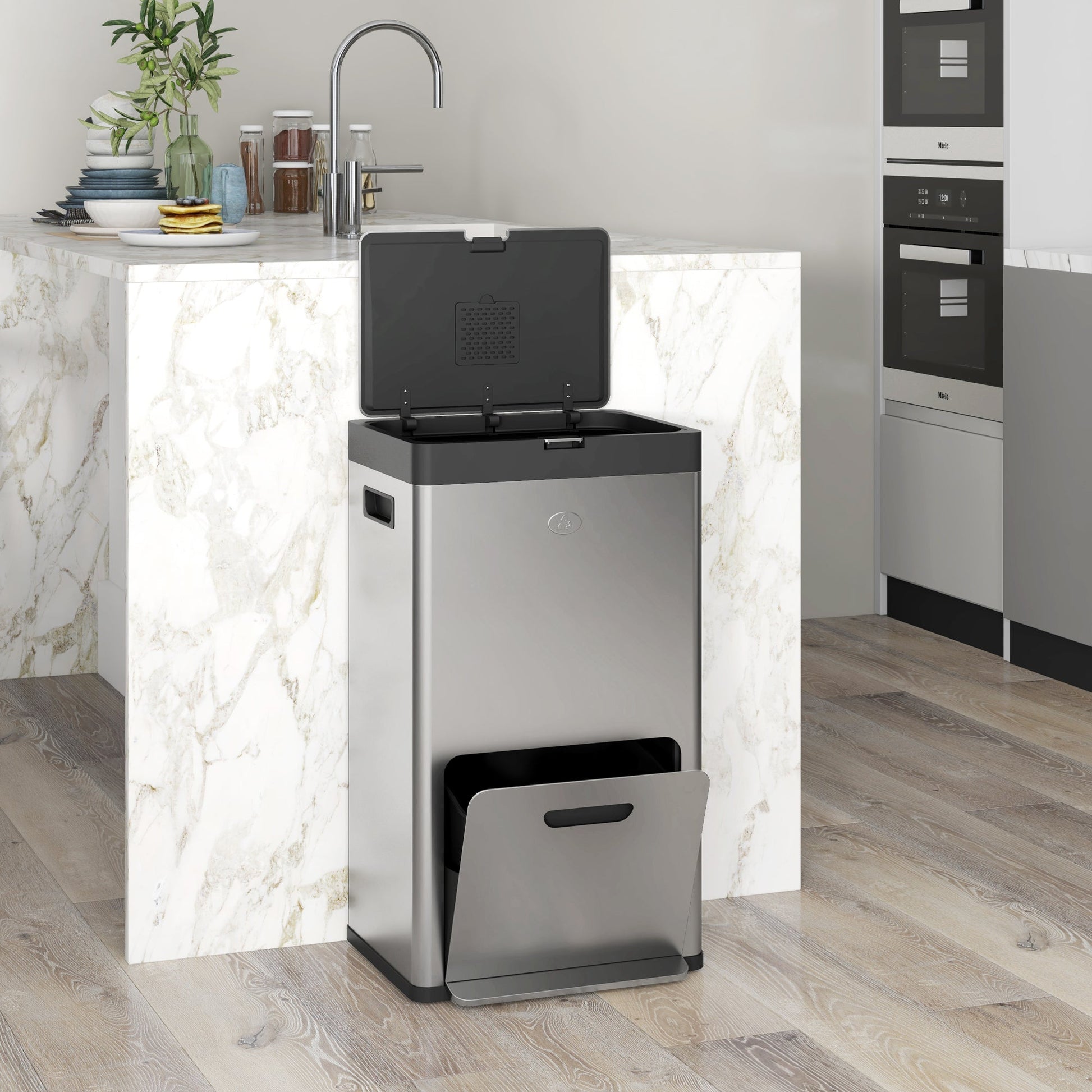 HOMCOM 56L Kitchen Bin, Stainless Steel 3 Compartment Bin with Wheels, Soft Close Lid, Removable Inner Buckets, Fingerprint-Proof for Recycling and Waste, Silver