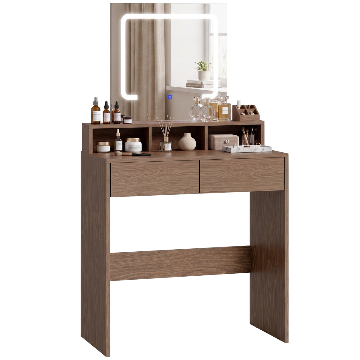 Dressing Table with Mirror and LED Lights, Vanity Table with 2 Drawers, 3 Compartments, 3 Colour Lighting, for Bedroom, Modern Dresser Makeup Desk for Women and Girls, Walnut brown