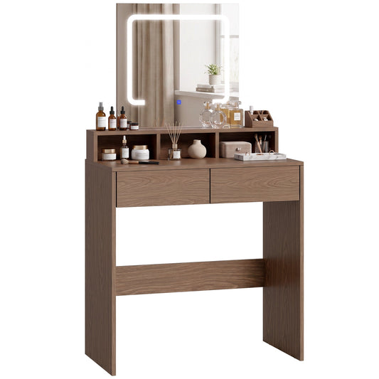 Dressing Table with Mirror and LED Lights, Vanity Table with 2 Drawers, 3 Compartments, 3 Colour Lighting, for Bedroom, Modern Dresser Makeup Desk for Women and Girls, Walnut brown