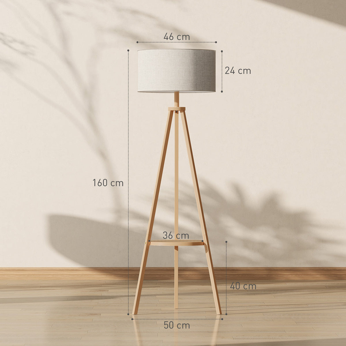 Tripod Floor Lamp, Freestanding Bedside Reading Light with Storage Shelf and Linen-Look Shade for Living Room and Bedroom, 160 cm, Natural Wood Colour