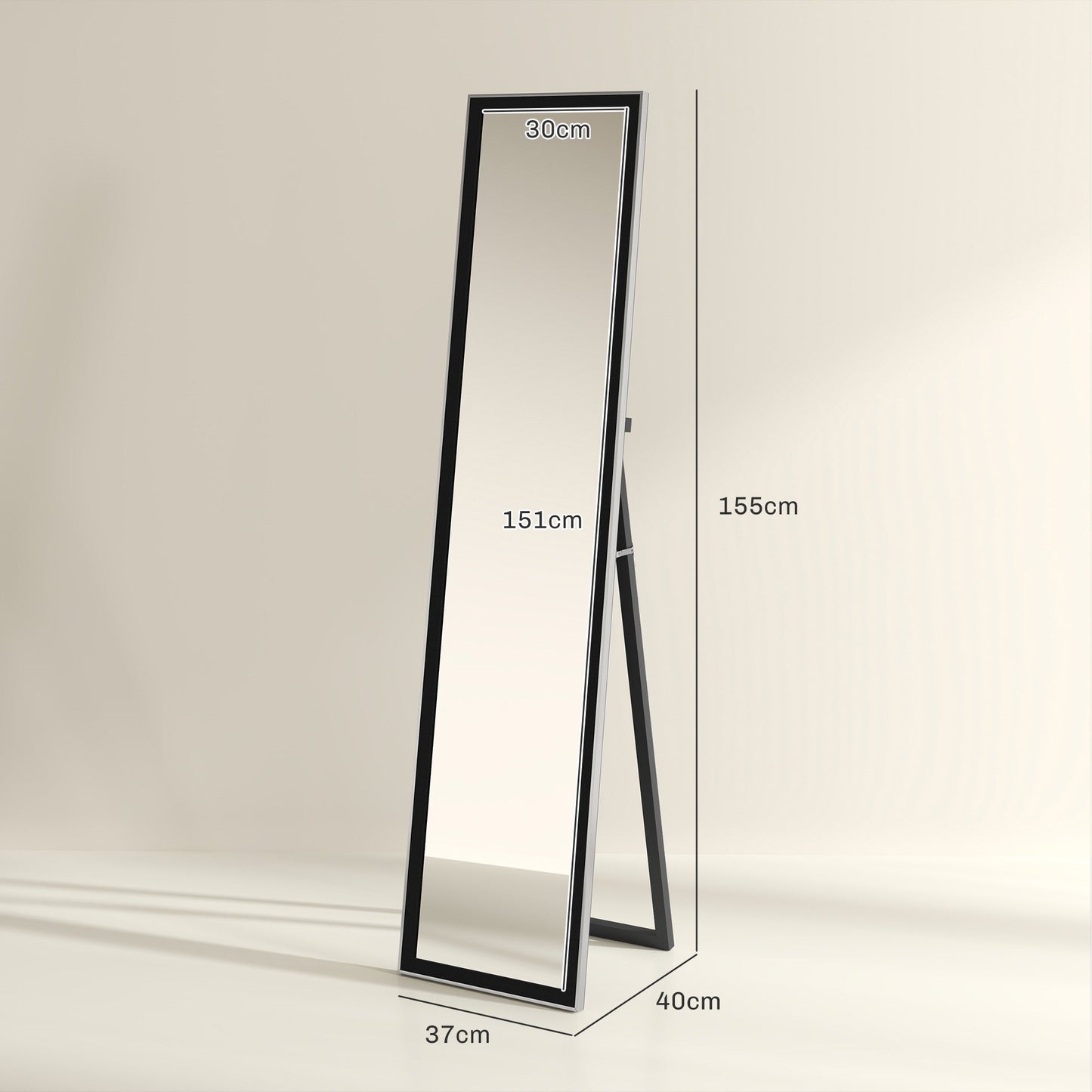 HOMCOM Full Length Mirror, 37 x 157cm Wall Mounted, Leaning, Free Standing Mirror, Framed Full Body Mirror for Living Room, Bedroom, Black