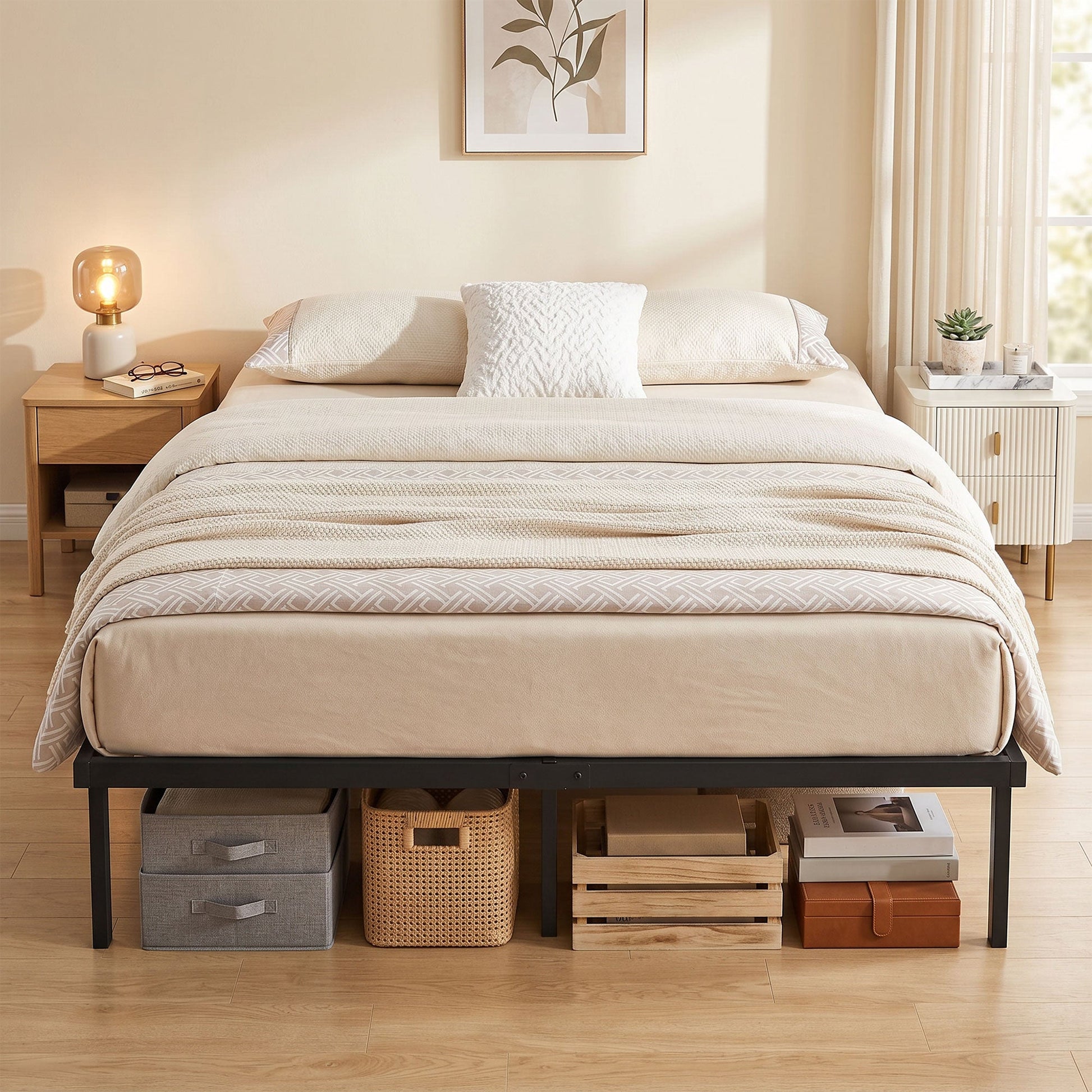 4ft6 Double Bed Frame with Underbed Storage, 35.5 cm Height, Metal Platform Bed Frame with Steel Slat Support, Noise-Free, No Box Spring Needed, Easy Assembly, Black