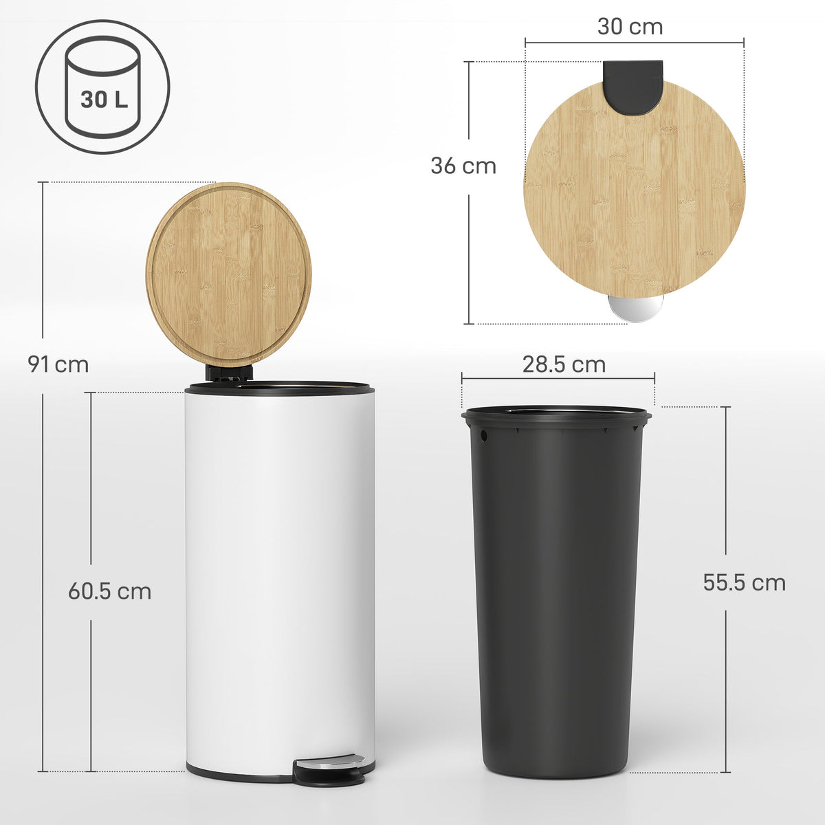 30 Litre Pedal Kitchen Bin with Soft Close and Stay Open Lid, Rubbish Bin with Removable Inner Bucket for Kitchen, Office, Home, White and Natural