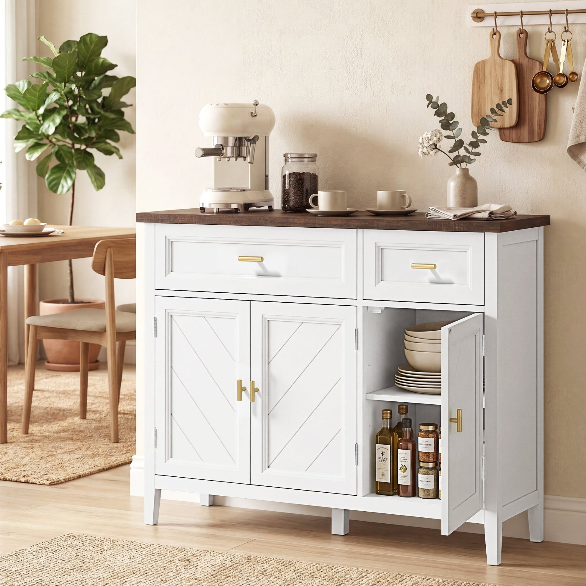 Sideboard with Thick Top, Modern Storage Cabinet, Kitchen Cupboard with 3 Doors, 2 Drawers and Adjustable Shelves for Dining Room, Living Room, White and Brown Wood Effect