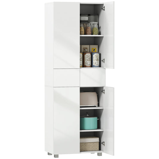 4-Door Kitchen Cupboard, Tall Freestanding 5-Tier Storage Cabinet with 3 Adjustable Shelves, 2 Drawers for Living Room, Dining Room, Push to Open Design, High Gloss White