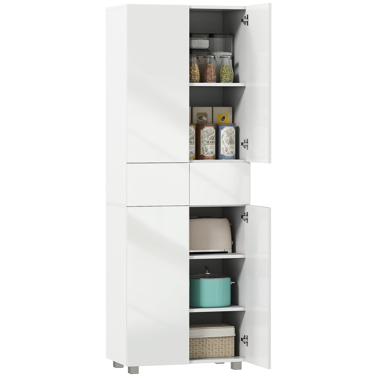 4-Door Kitchen Cupboard, Tall Freestanding 5-Tier Storage Cabinet with 3 Adjustable Shelves, 2 Drawers for Living Room, Dining Room, Push to Open Design, High Gloss White