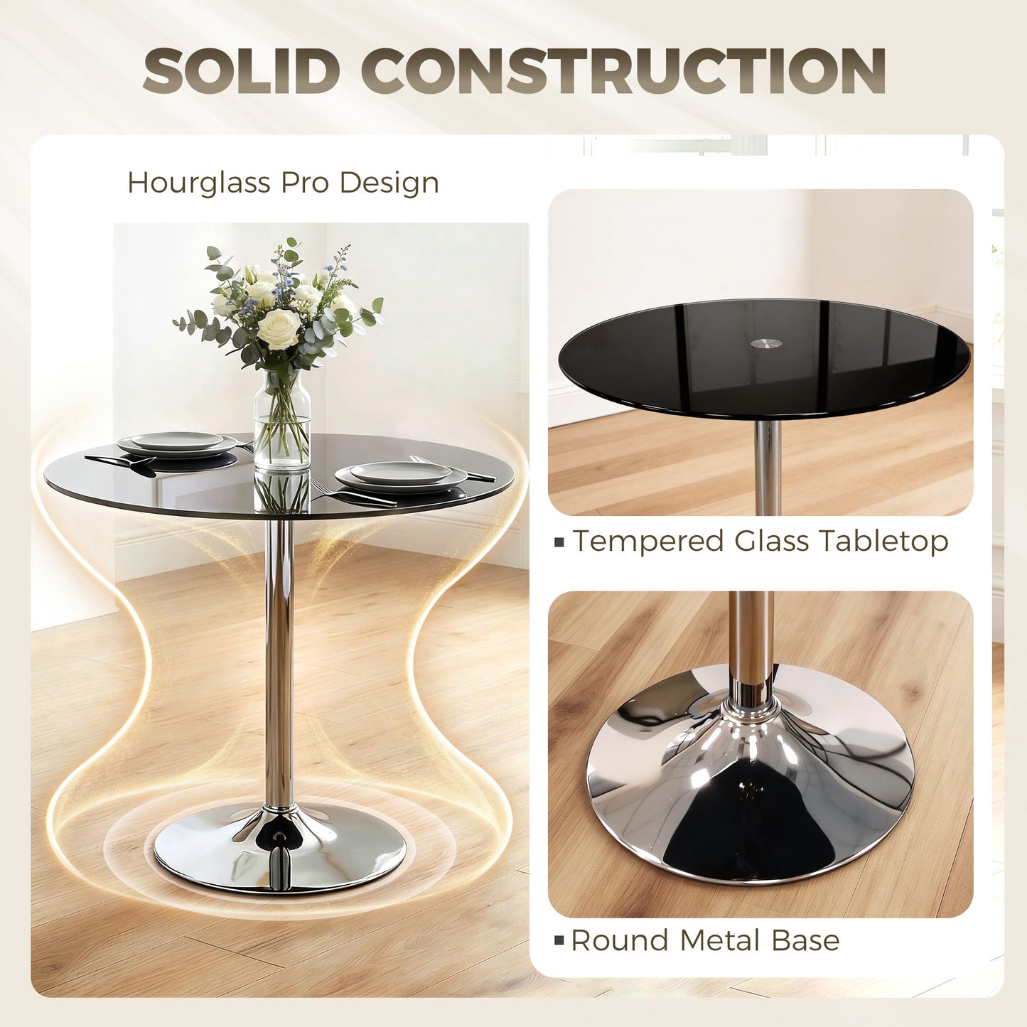 Round Bar Table, Modern Dining Table with Tempered Glass Top and Steel Frame for 4, Easy Assembly for Breakfast Bar, Dining Room, 70 x 70 x 75.5cm, Black