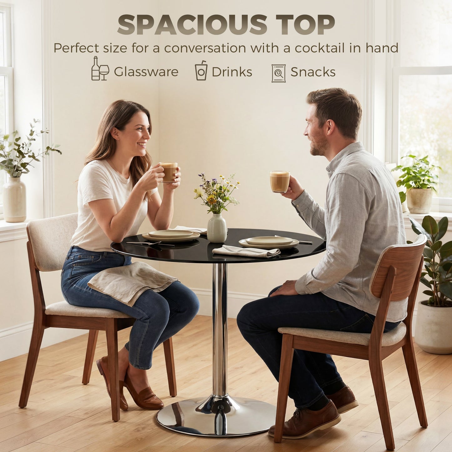 Round Bar Table, Modern Dining Table with Tempered Glass Top and Steel Frame for 4, Easy Assembly for Breakfast Bar, Dining Room, 70 x 70 x 75.5cm, Black