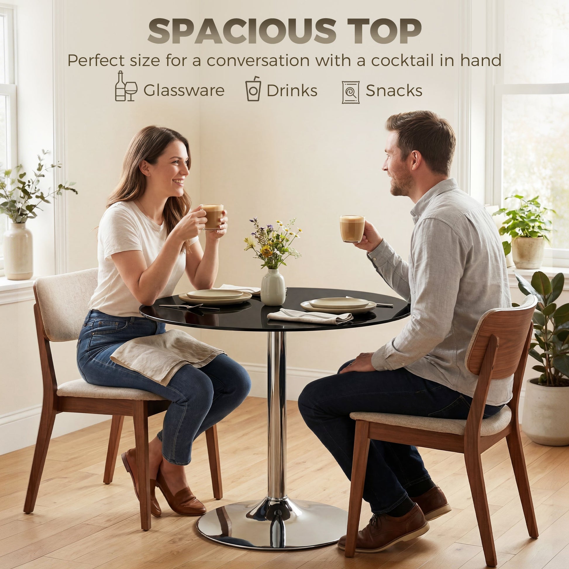 Round Bar Table, Modern Dining Table with Tempered Glass Top and Steel Frame for 4, Easy Assembly for Breakfast Bar, Dining Room, 70 x 70 x 75.5cm, Black