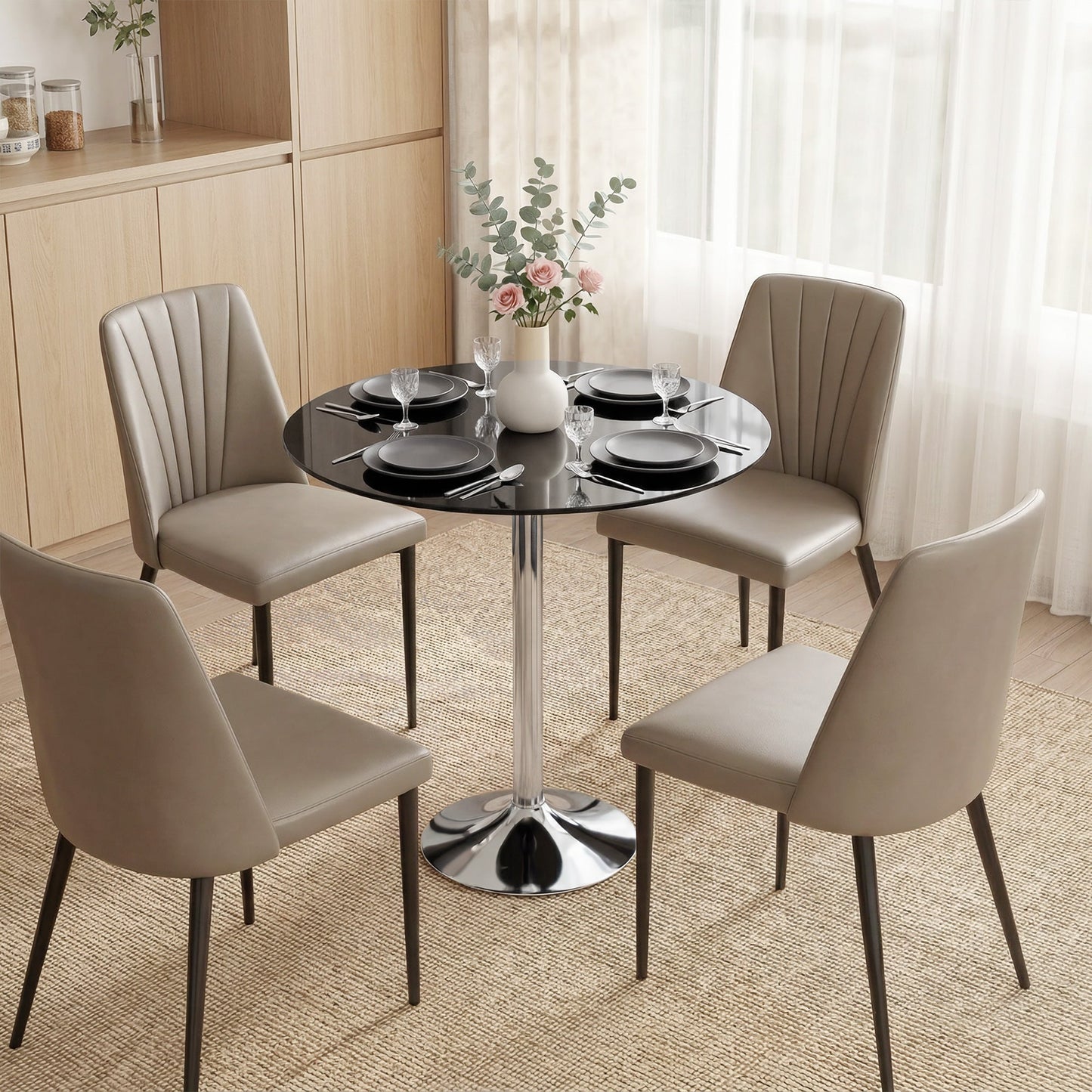 Round Bar Table, Modern Dining Table with Tempered Glass Top and Steel Frame for 4, Easy Assembly for Breakfast Bar, Dining Room, 70 x 70 x 75.5cm, Black