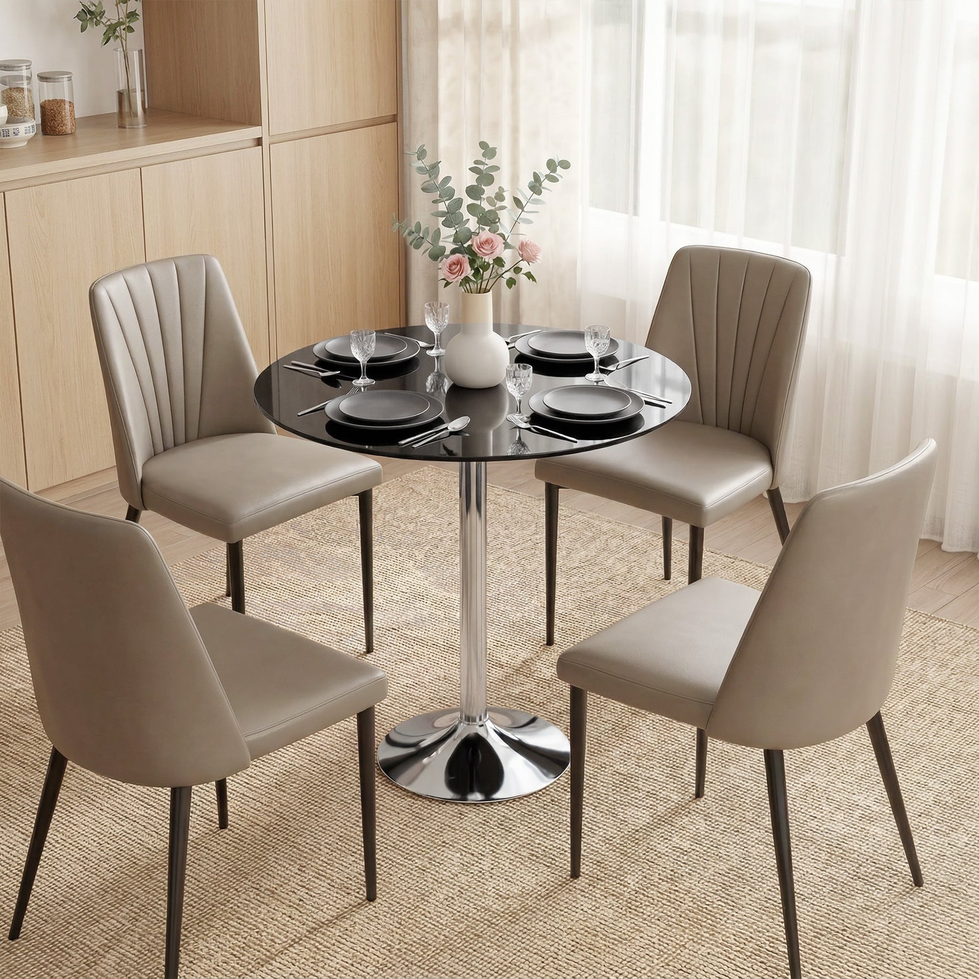 Round Bar Table, Modern Dining Table with Tempered Glass Top and Steel Frame for 4, Easy Assembly for Breakfast Bar, Dining Room, 70 x 70 x 75.5cm, Black