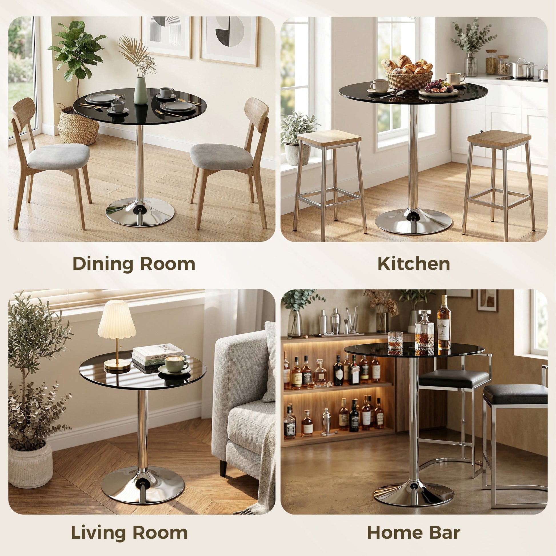 Round Bar Table, Modern Dining Table with Tempered Glass Top and Steel Frame for 4, Easy Assembly for Breakfast Bar, Dining Room, 70 x 70 x 75.5cm, Black