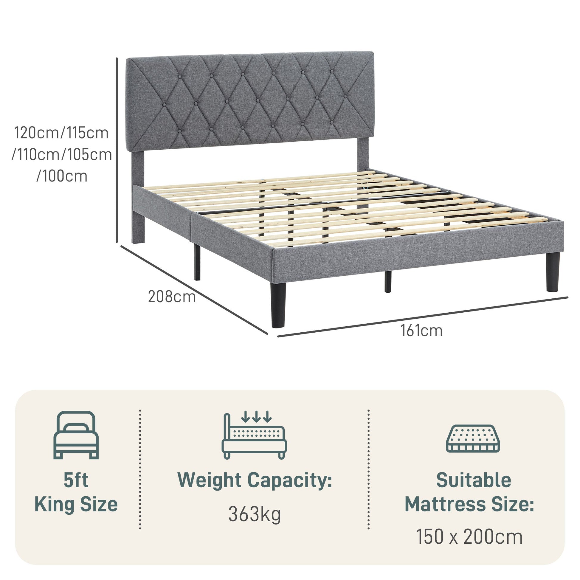 HOMCOM King Size Bed Frame with 5-Level Adjustable Linen Upholstered Headboard, Wooden Slats Mattress Foundation, No Box Spring Needed, Grey