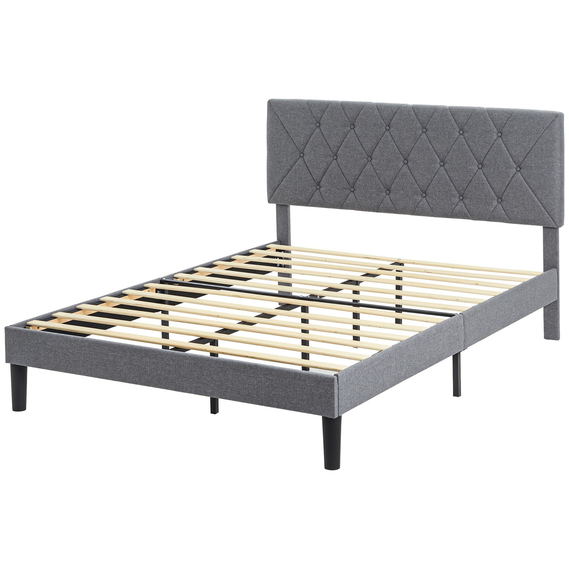 HOMCOM King Size Bed Frame with 5-Level Adjustable Linen Upholstered Headboard, Wooden Slats Mattress Foundation, No Box Spring Needed, Grey