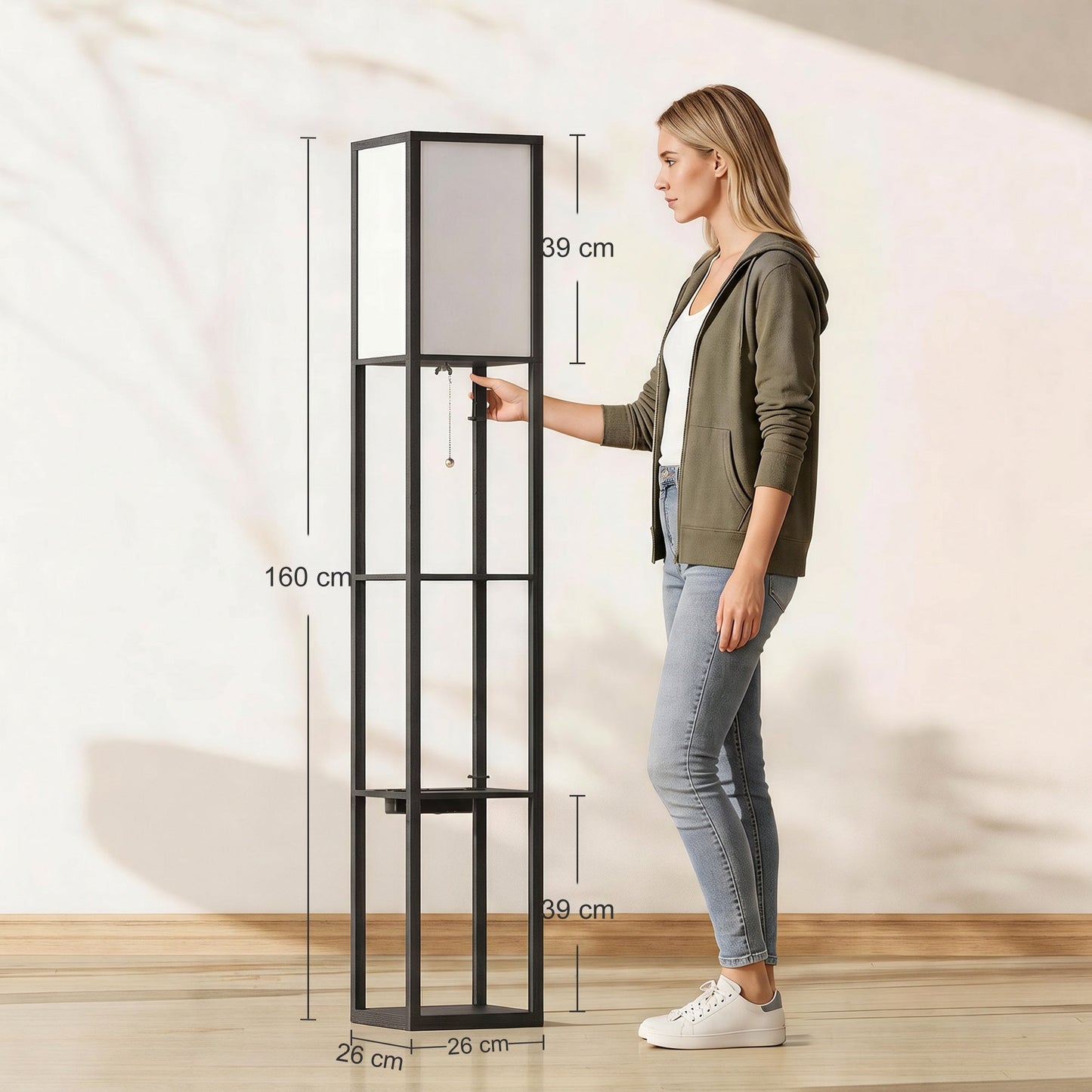 3-Tier Floor Lamp with Shelves and Storage, Modern Corner Standing Lamp with LED Bulb, Lampshade, Reading Light with Foot Switch for Living Room, Bedroom, Home Office, Black
