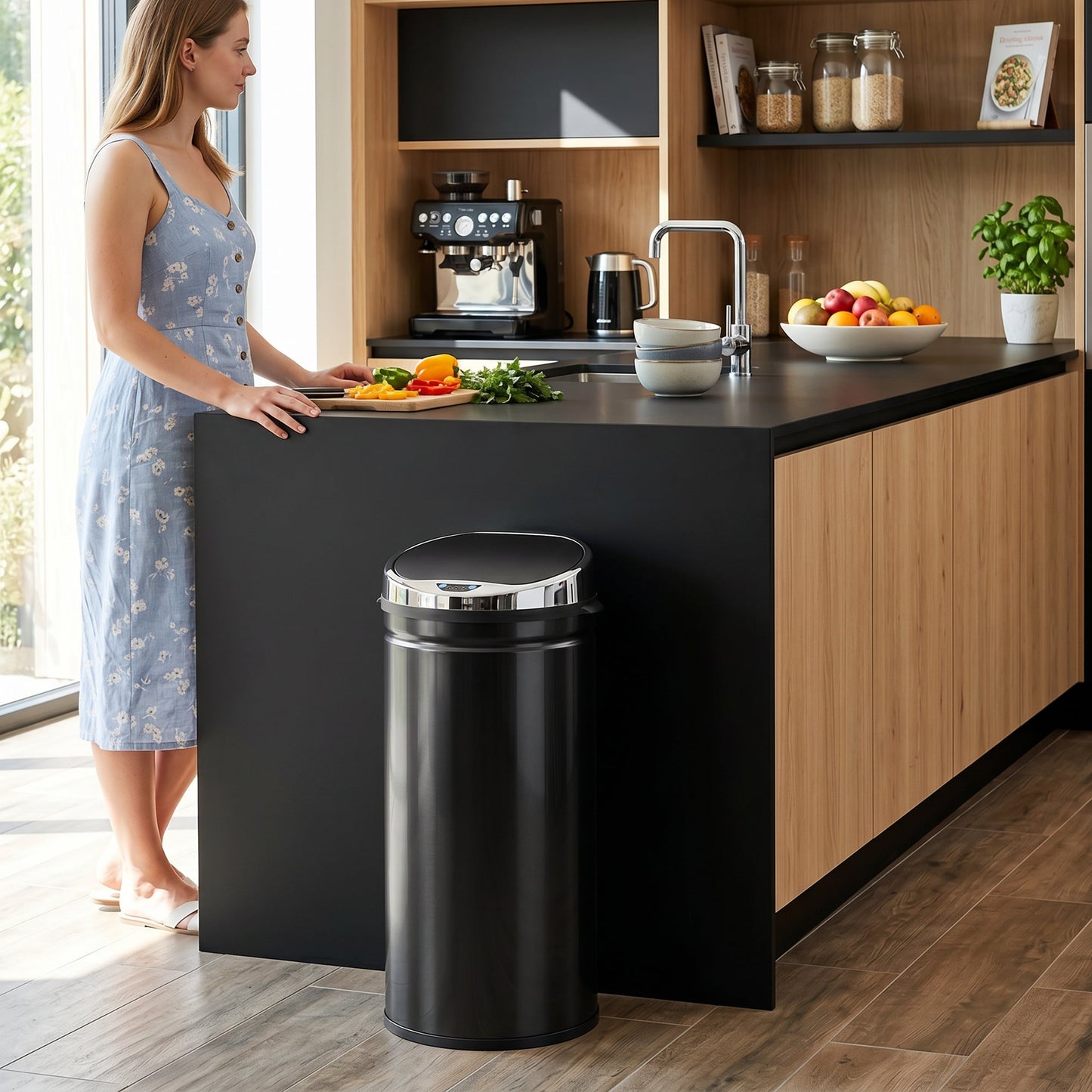 42L Sensor Bin with Quiet Soft-Close Lid, Automatic Touchless Motion Sensor Rubbish Bin with Fingerprint Resistant, Stainless Steel for Hygienic Kitchen, Home Office Use, Black