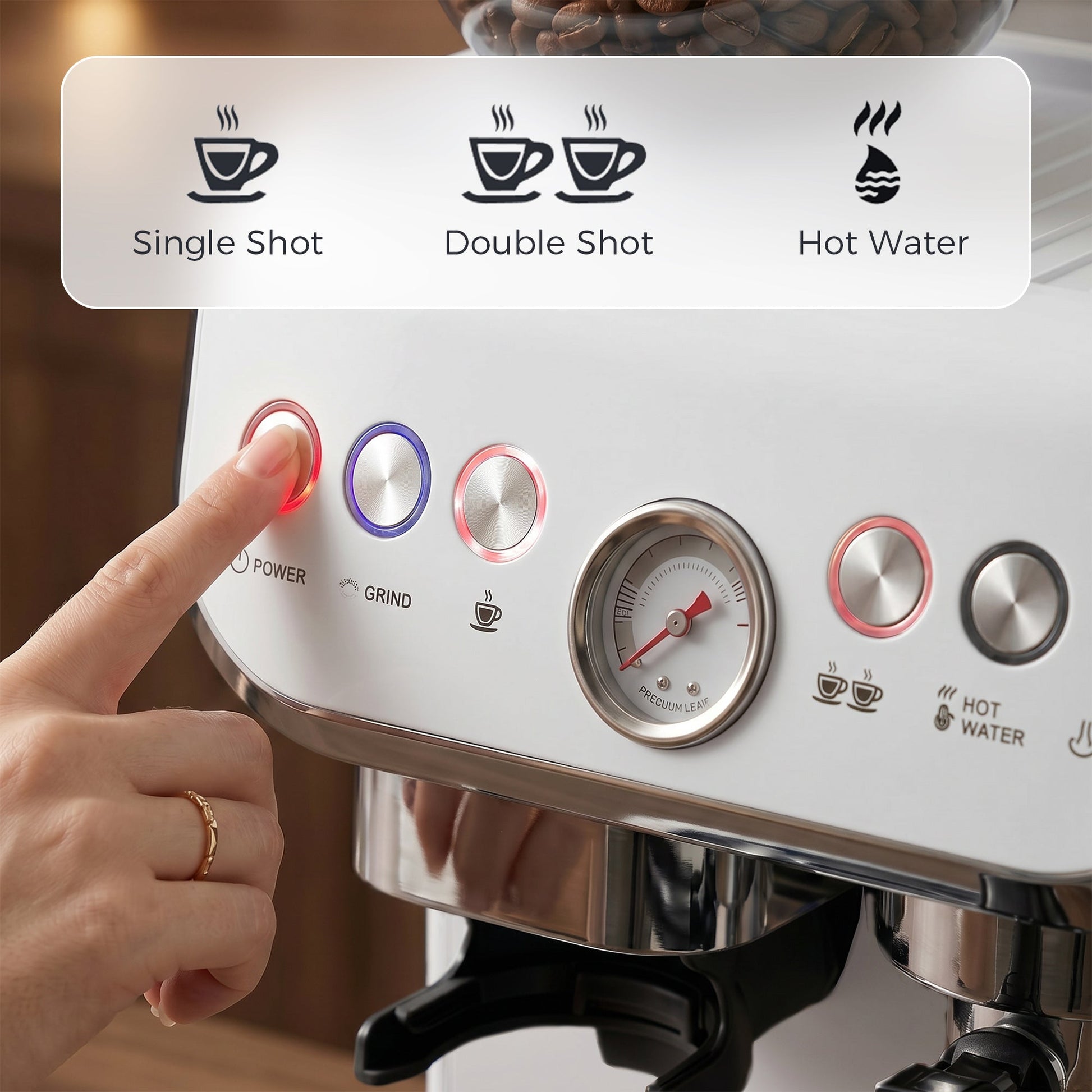 Espresso Machine with Integrated Bean Grinder & Steam Wand, Bean to Cup Coffee Machine with 15 Bar Italian Pump, 2L Water Tank, Cappuccino Maker, Stainless Steel, White