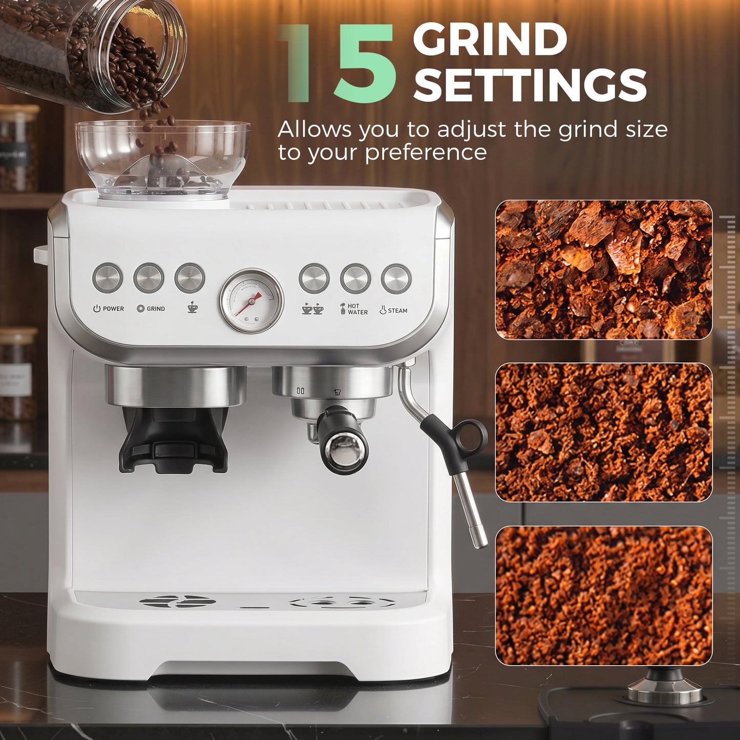 Espresso Machine with Integrated Bean Grinder & Steam Wand, Bean to Cup Coffee Machine with 15 Bar Italian Pump, 2L Water Tank, Cappuccino Maker, Stainless Steel, White