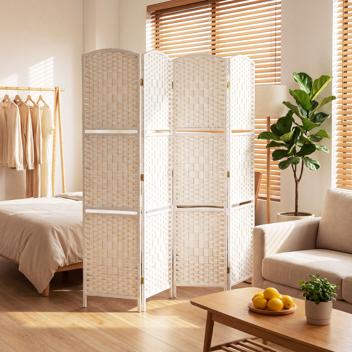 4 Panel Folding Room Divider, Freestanding Privacy Screen for Living Room, Bedroom and Office, 160 x 170cm, White