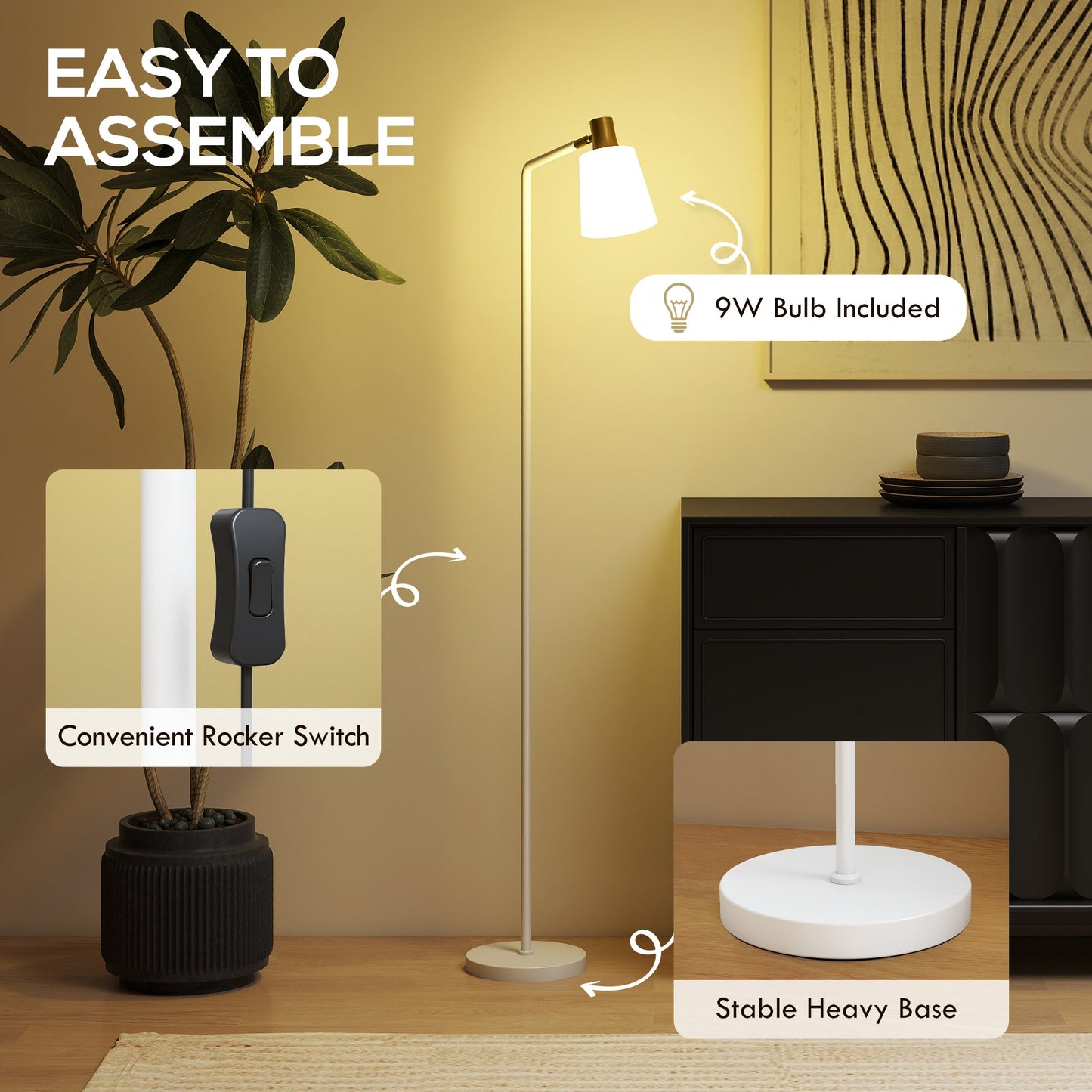 Floor Lamp with 350° Rotatable Head, Modern Standing Lamp with 3000K/4000K/6500K Colour Temperatures for Living Room Office, White