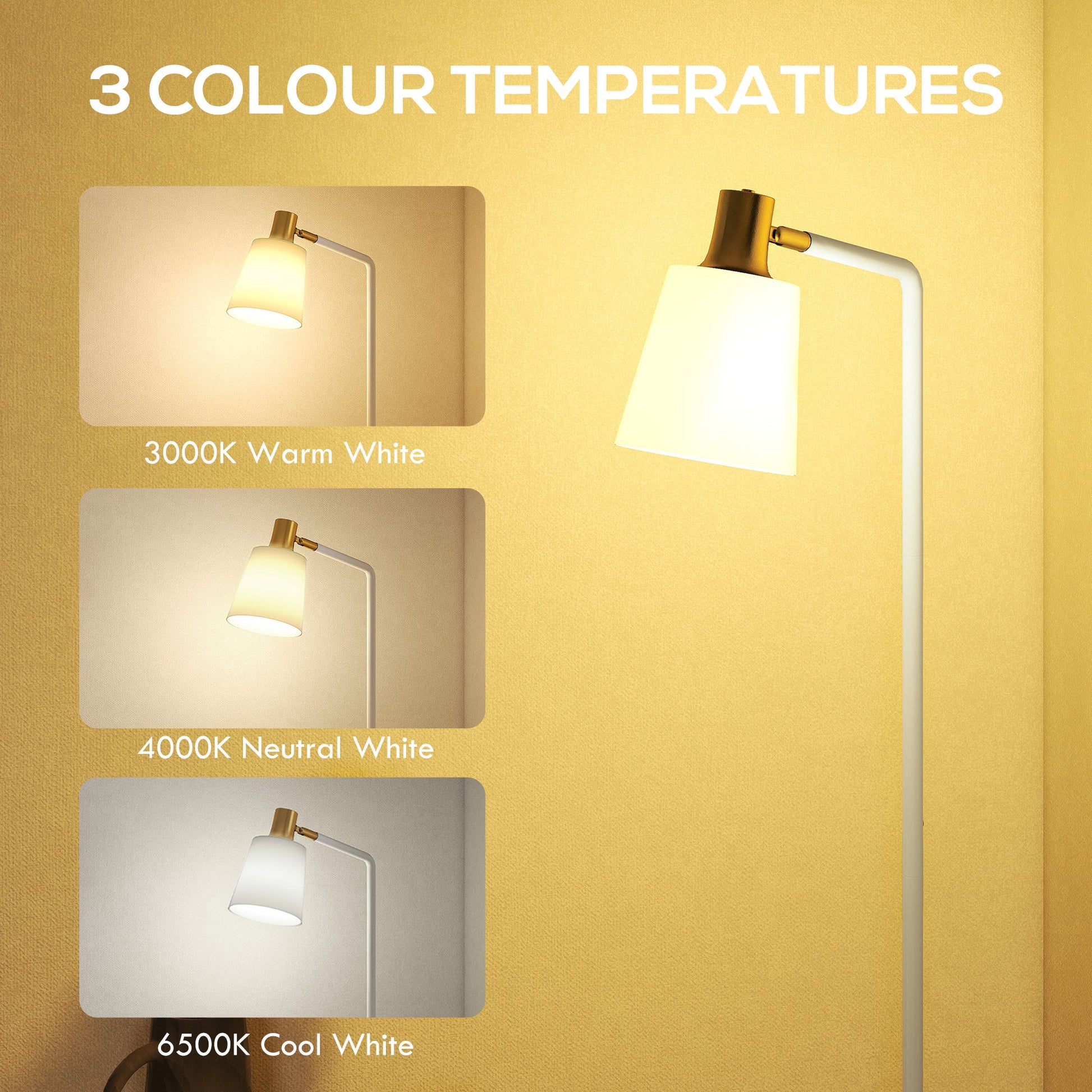 Floor Lamp with 350° Rotatable Head, Modern Standing Lamp with 3000K/4000K/6500K Colour Temperatures for Living Room Office, White