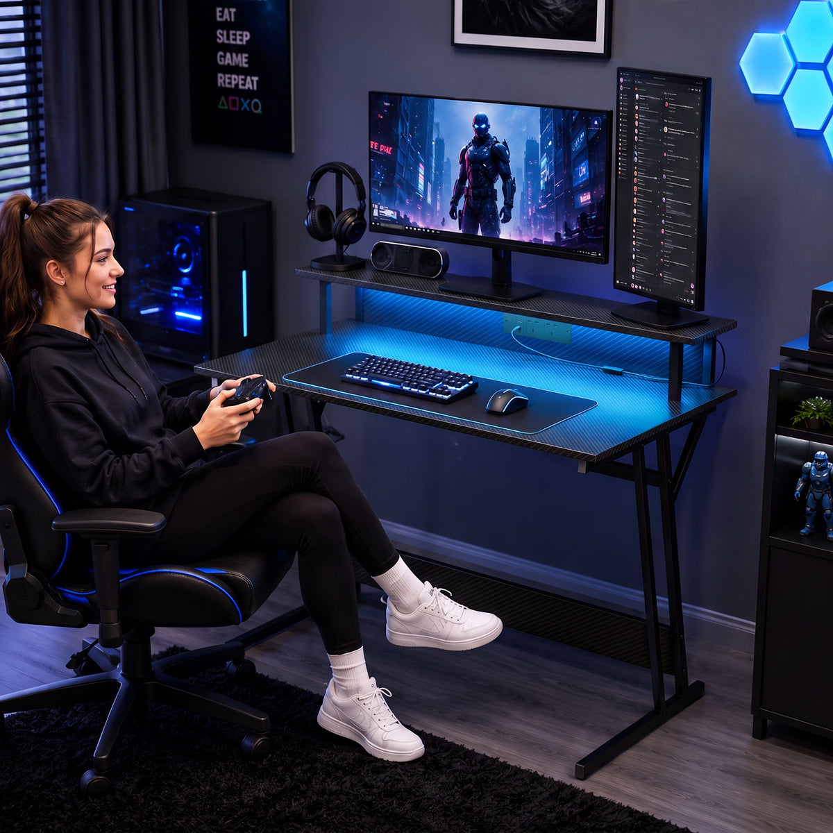 Gaming Desk with LED Lights and Power Outlets, 100 x 60cm Z Shaped Computer Desk with Monitor Stand and Steel Frame, PC Gaming Table for Home Office, Black