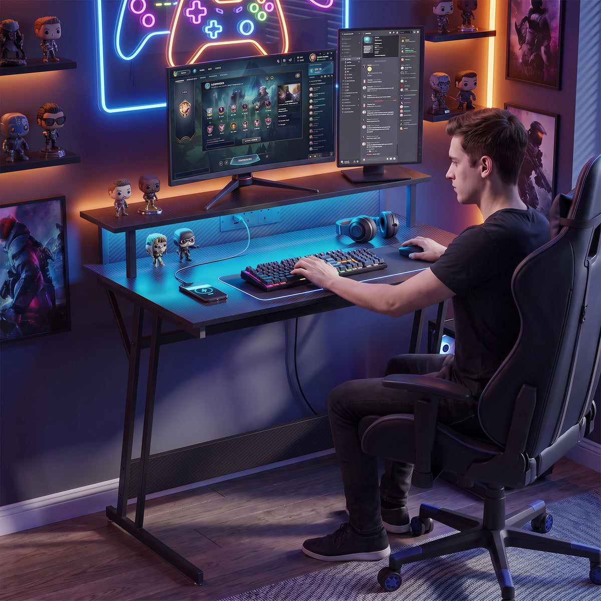 Gaming Desk with LED Lights and Power Outlets, 100 x 60cm Z Shaped Computer Desk with Monitor Stand and Steel Frame, PC Gaming Table for Home Office, Black