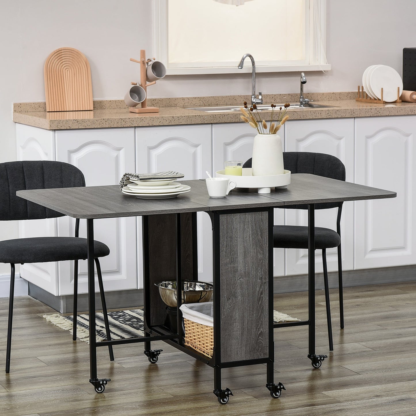 Mobile Drop Leaf Table, Folding Dining Table with 6 Wheels & Storage Shelf for Small Spaces, Kitchen, Dining Room, Grey