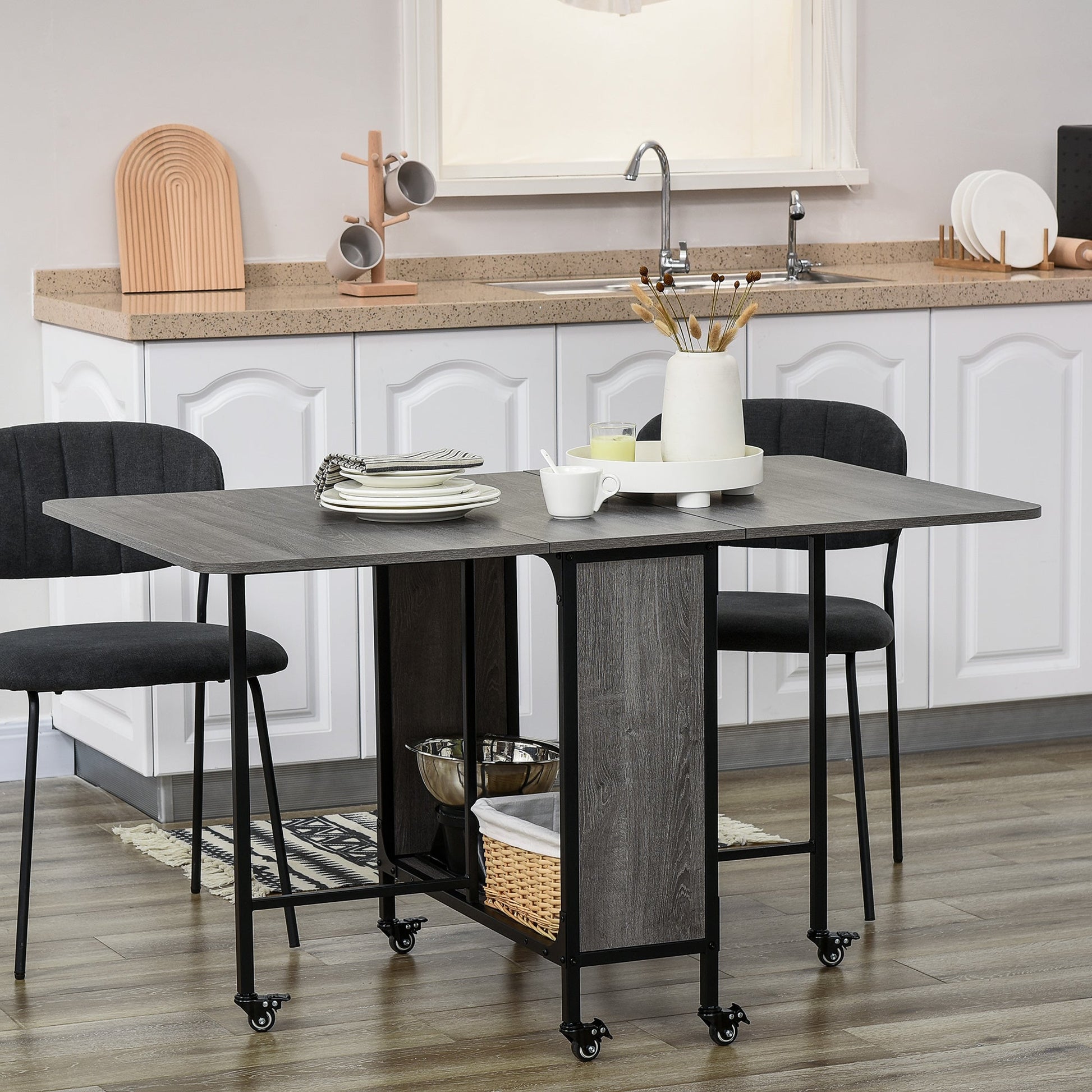 Mobile Drop Leaf Table, Folding Dining Table with 6 Wheels & Storage Shelf for Small Spaces, Kitchen, Dining Room, Grey
