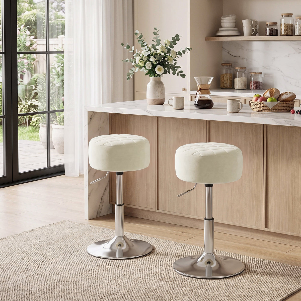 Bar Stool, Modern Adjustable Swivel Barstool with Velvet-Feel Seat, Kitchen Chair, Counter Height Kitchen Chair, 1 Piece, Beige