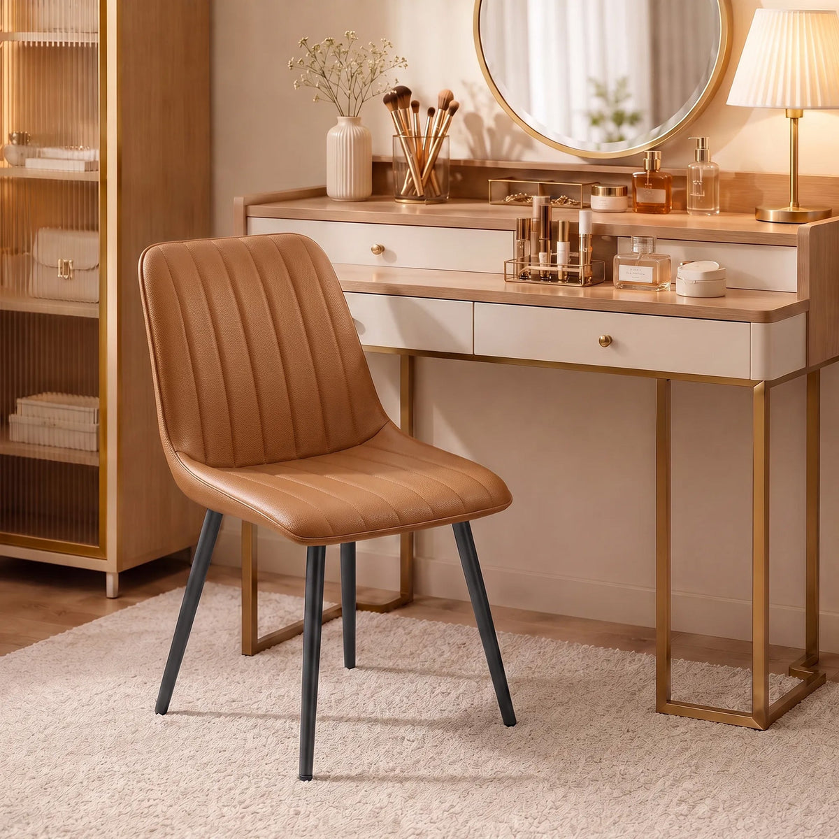 Modern Dining Chairs Set of 2, Curved Faux Leather Upholstered Kitchen Chairs with Metal Legs for Dining Room, Kitchen, Living Room, Brown