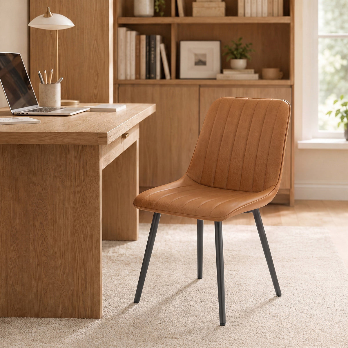 Modern Dining Chairs Set of 2, Curved Faux Leather Upholstered Kitchen Chairs with Metal Legs for Dining Room, Kitchen, Living Room, Brown