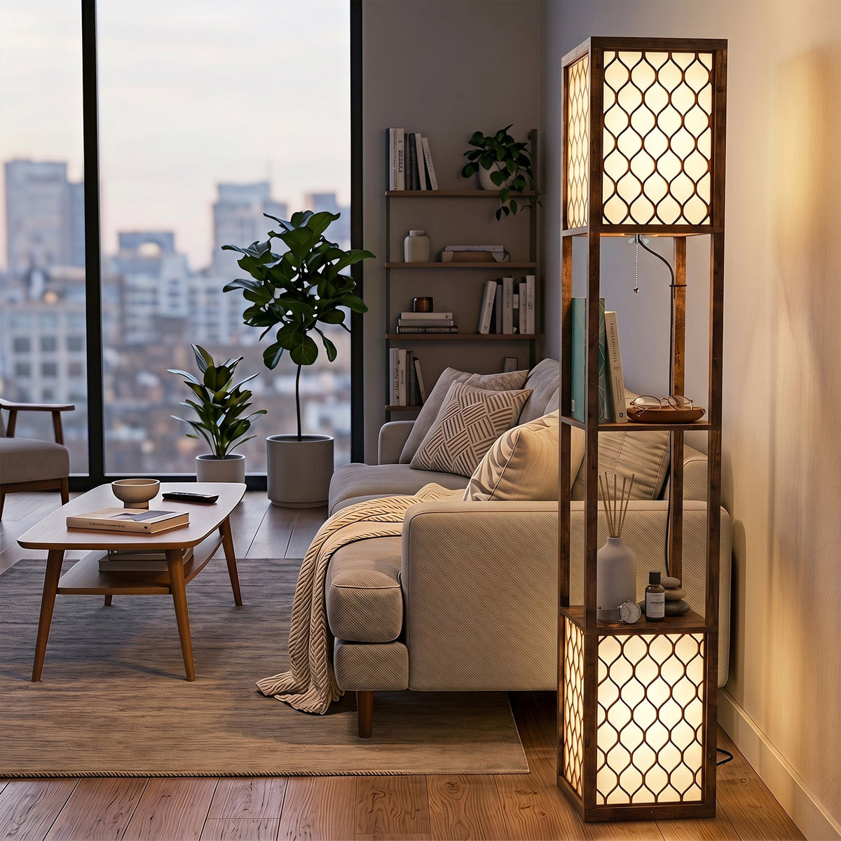 Floor Lamp with Shelves, Modern Tall Standing Lamp with Fabric Lampshades, Zipper Switch and Dual Light for Living Room and Bedroom, Bulbs Not Included, Rustic Brown