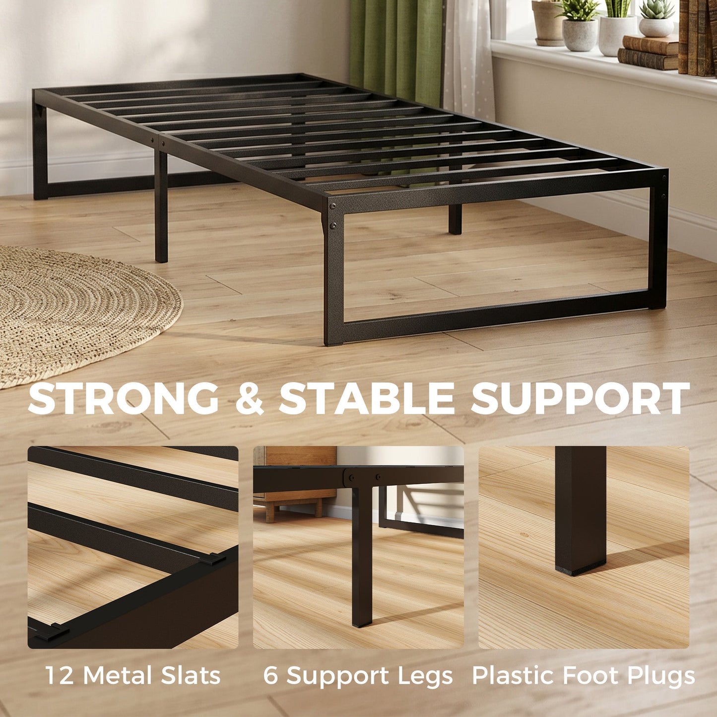 3ft Single Bed Frame with Underbed Storage, 32.5 cm Height, Metal Platform Bed Frame with Steel Slat Support, Noise-Free, Easy Assembly, Black