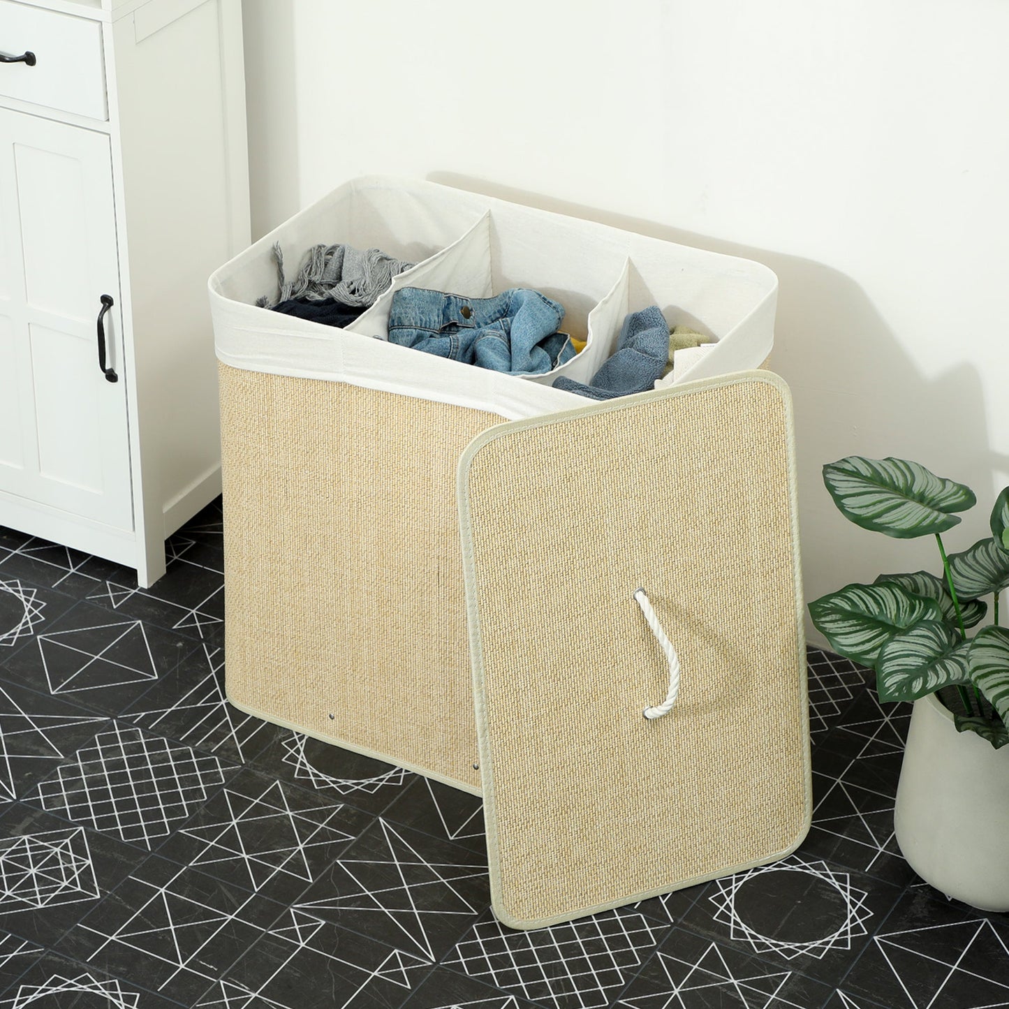 144L Laundry Basket with Lid, 3 Section Bamboo Laundry Hamper with Removable and Washable Liner, Handles, Dirty Clothes Hamper for Bathroom, Bedroom, Cream White
