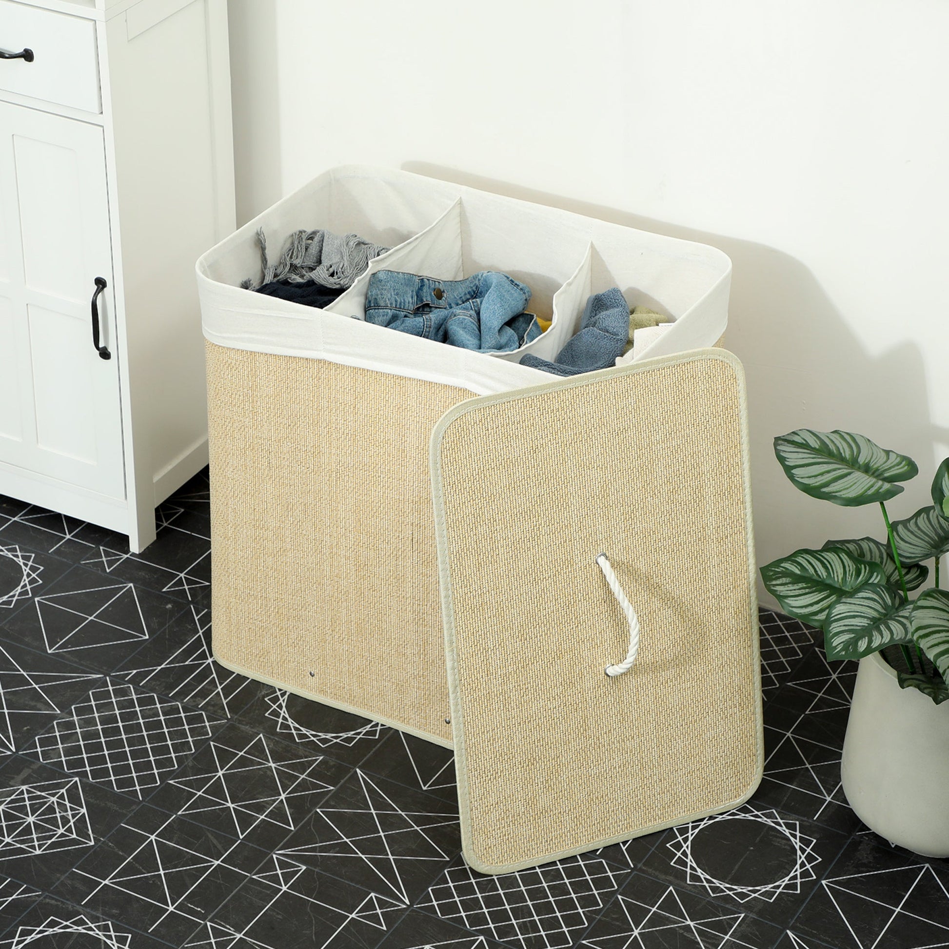 144L Laundry Basket with Lid, 3 Section Bamboo Laundry Hamper with Removable and Washable Liner, Handles, Dirty Clothes Hamper for Bathroom, Bedroom, Cream White
