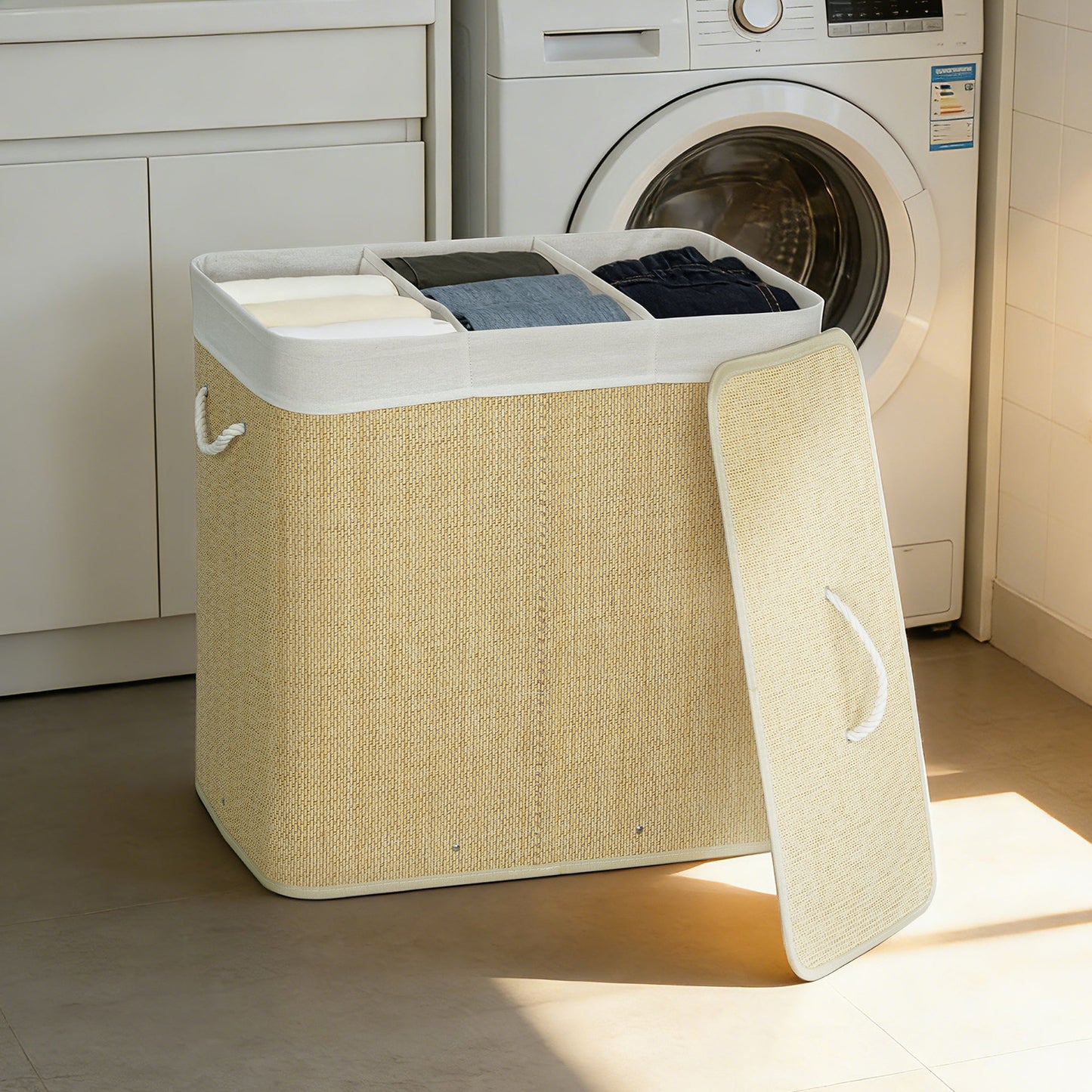 144L Laundry Basket with Lid, 3 Section Bamboo Laundry Hamper with Removable and Washable Liner, Handles, Dirty Clothes Hamper for Bathroom, Bedroom, Cream White