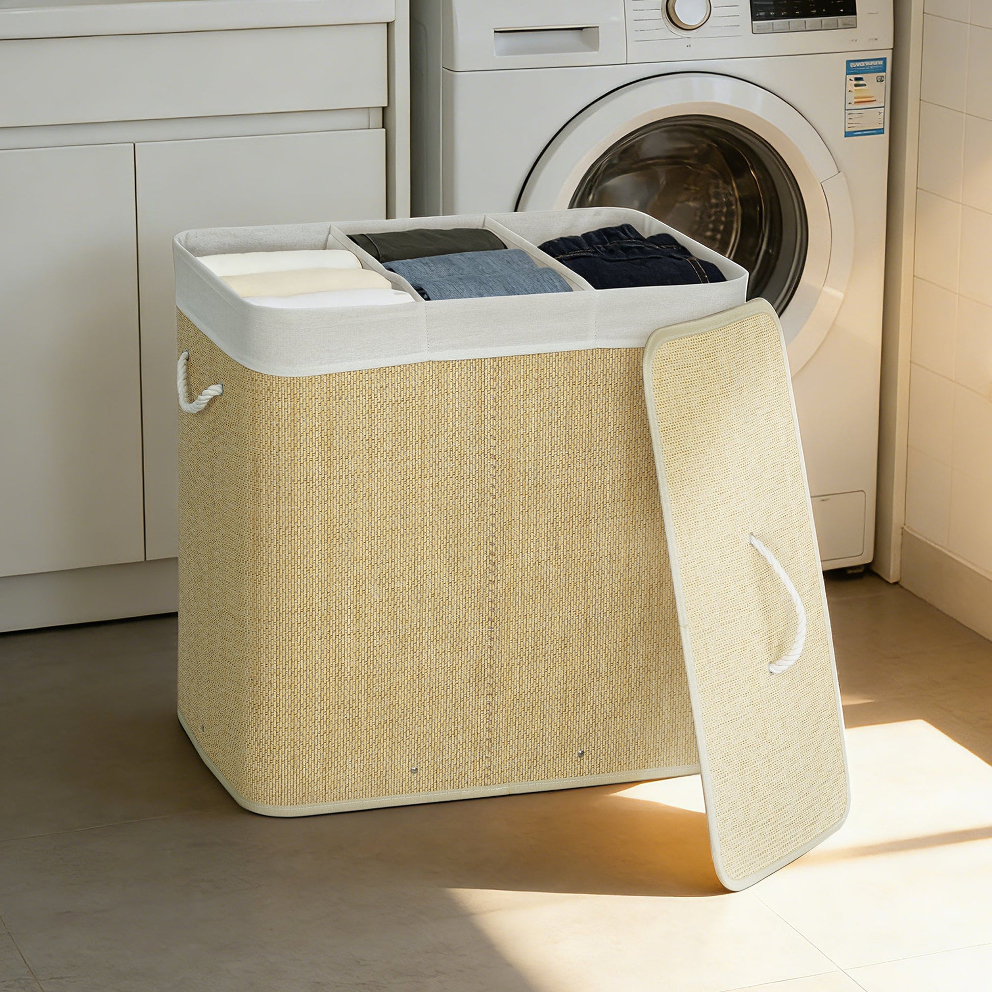 144L Laundry Basket with Lid, 3 Section Bamboo Laundry Hamper with Removable and Washable Liner, Handles, Dirty Clothes Hamper for Bathroom, Bedroom, Cream White