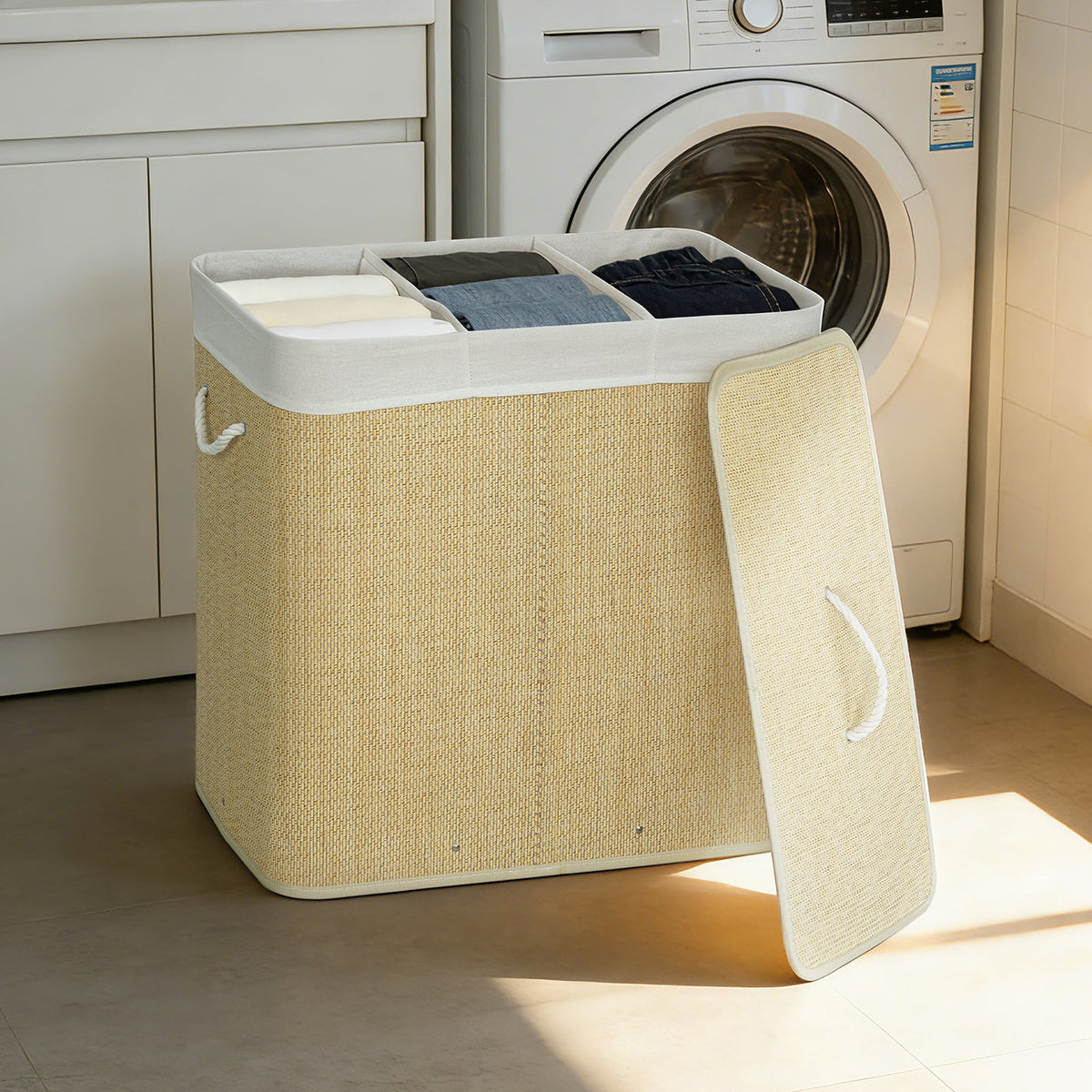 144L Laundry Basket with Lid, 3 Section Bamboo Laundry Hamper with Removable and Washable Liner, Handles, Dirty Clothes Hamper for Bathroom, Bedroom, Cream White