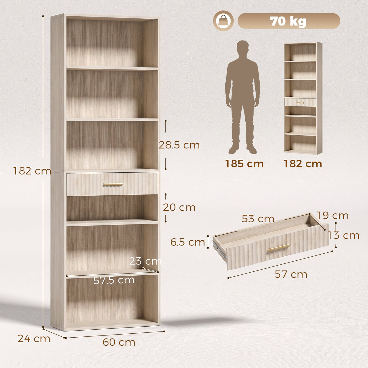 Tall Bookcase with Cubes, 7-Tier Bookshelf with Drawer, Freestanding Shelving Unit, 60 x 24 x 182 cm, Space-Saving for Study, Home Office, Living Room, Oak Wood Effect