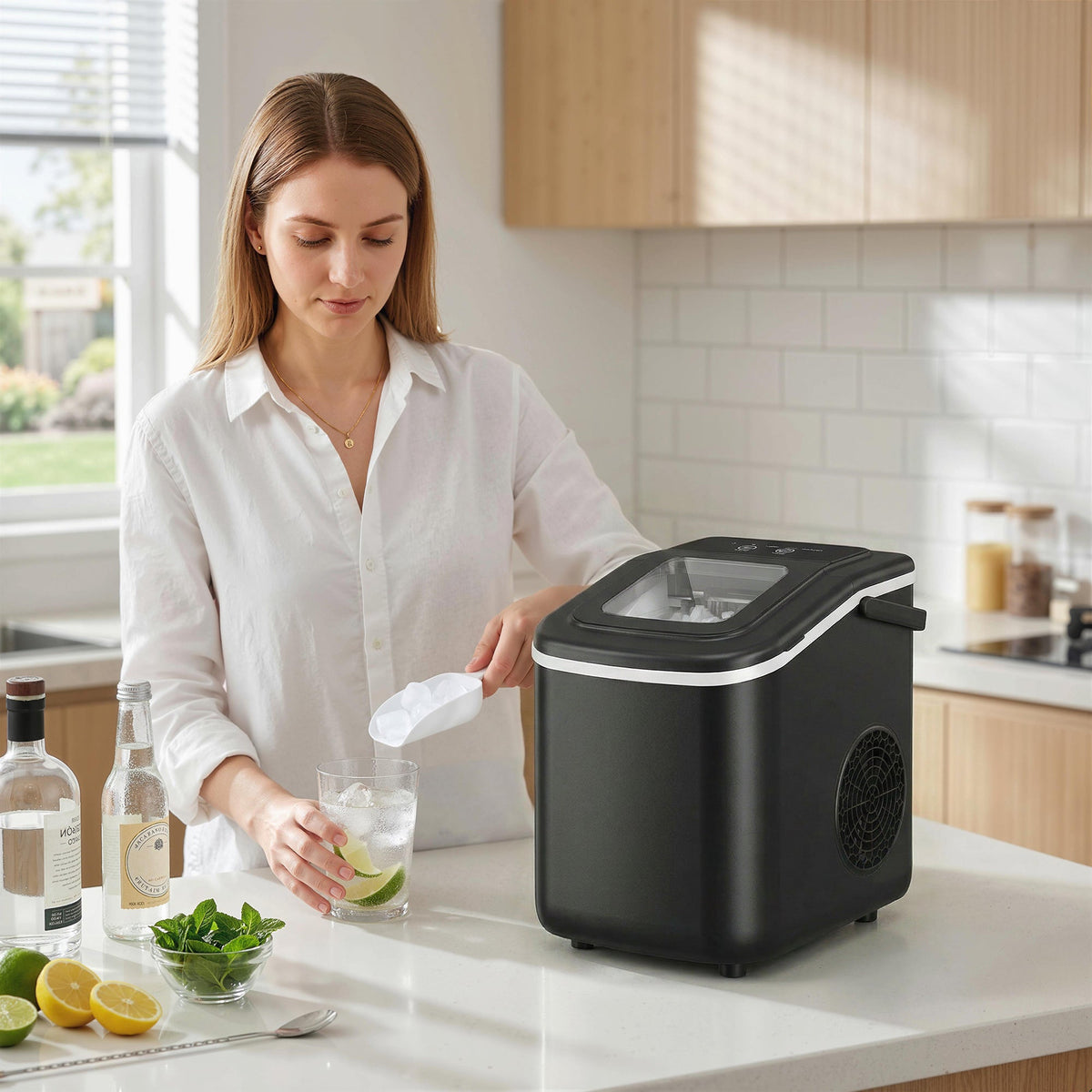 Ice Maker Machine Countertop, 12kg/24H, 9 Cubes in 7 Mins, 2 Sizes, Self-Cleaning Portable Ice Cube Maker with Handle, Scoop & Basket for Home Office Kitchen RV, Black