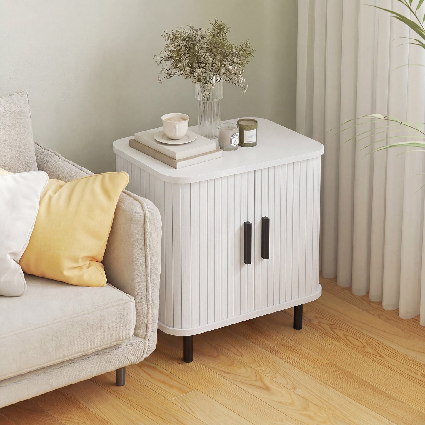 Bedside Table, Nordic Side Table with Roller Shutter Style Sliding Doors and Metal Legs for Bedroom, Living Room, White Wood Effect