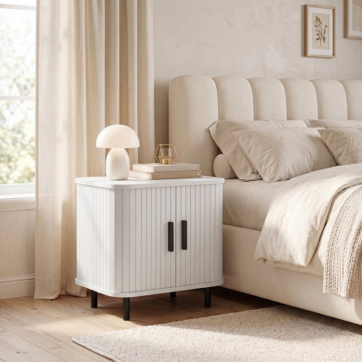 Bedside Table, Nordic Side Table with Roller Shutter Style Sliding Doors and Metal Legs for Bedroom, Living Room, White Wood Effect