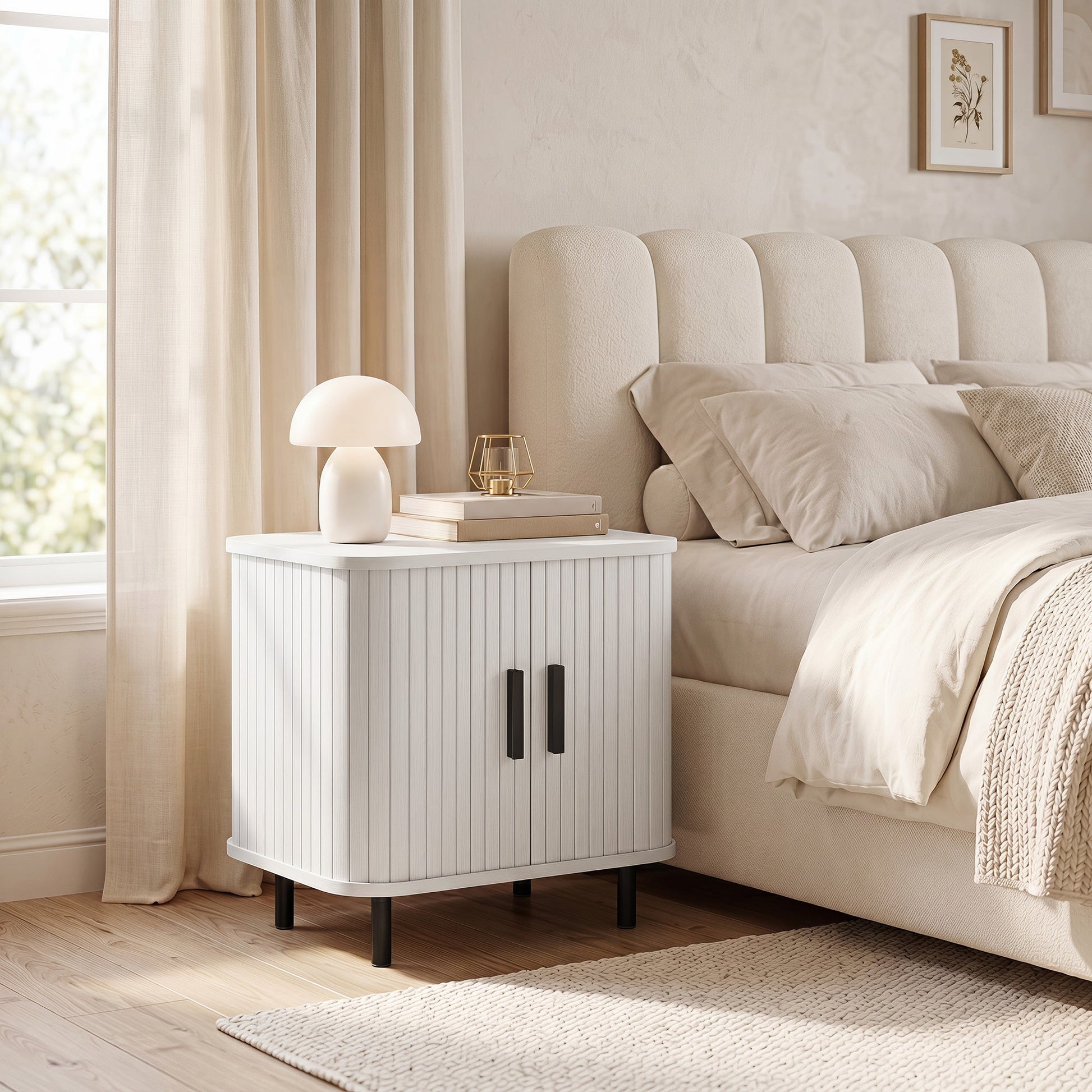 Bedside Table, Nordic Side Table with Roller Shutter Style Sliding Doors and Metal Legs for Bedroom, Living Room, White Wood Effect